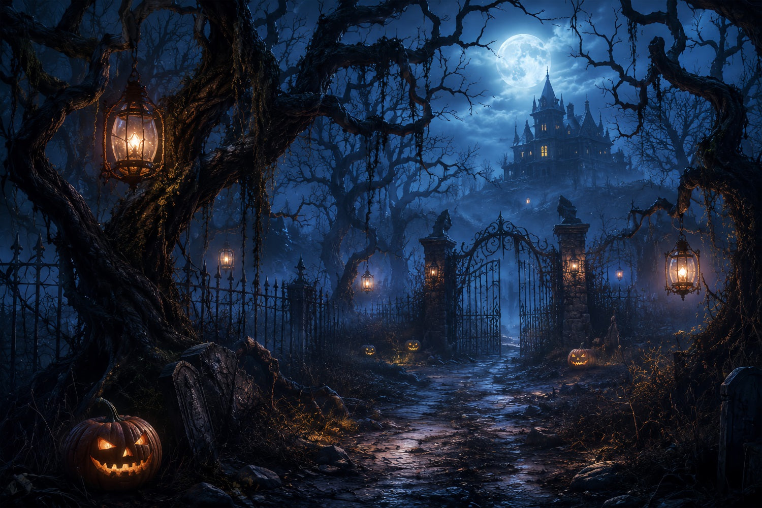 Halloween Forest Backdrop Moonlit Haunted Mansion Gateway Vintage Halloween Backdrop LXX67-191