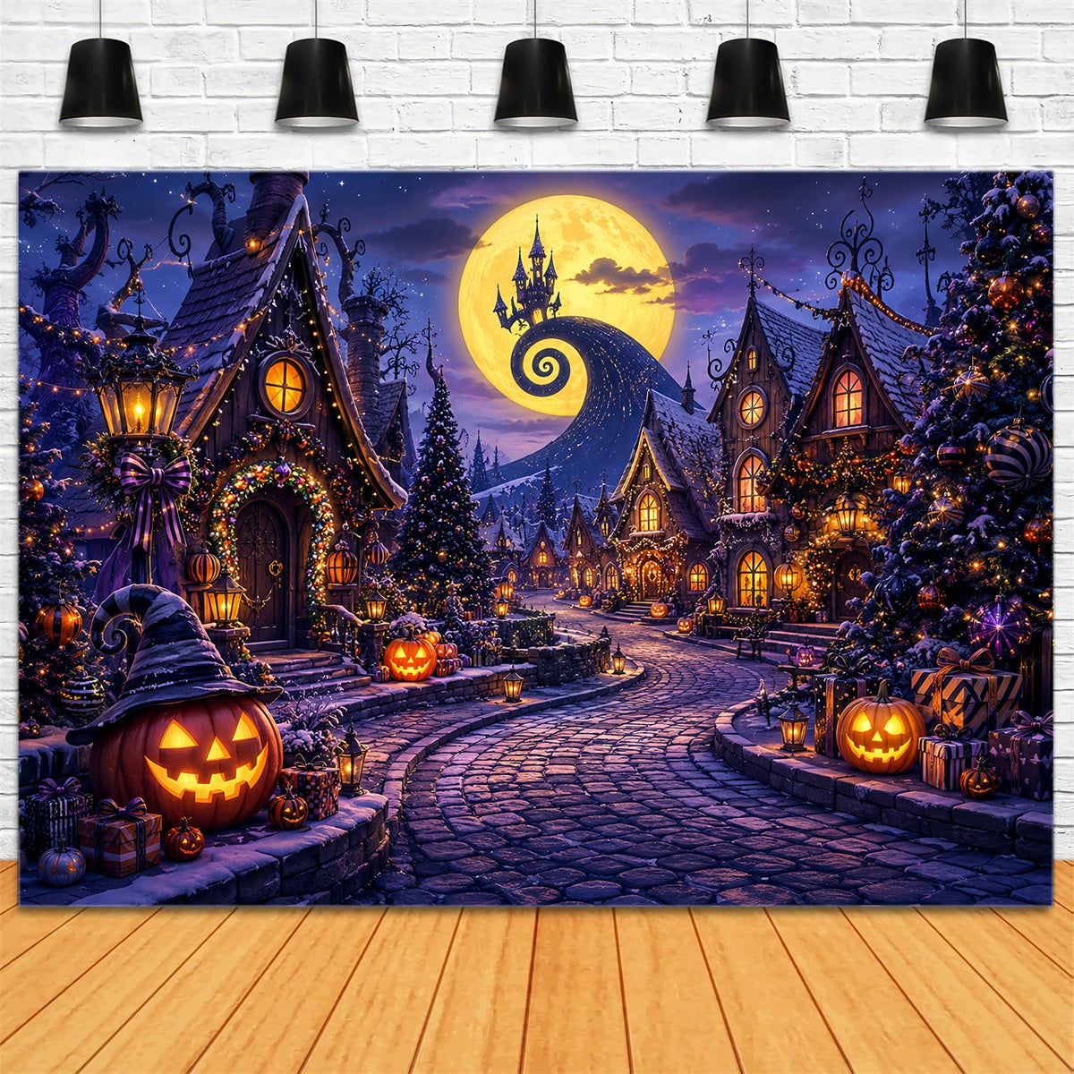 Photography Backdrops Halloween Moonlit Pumpkin Holiday Village Halloween Town Backdrop LXX67-196