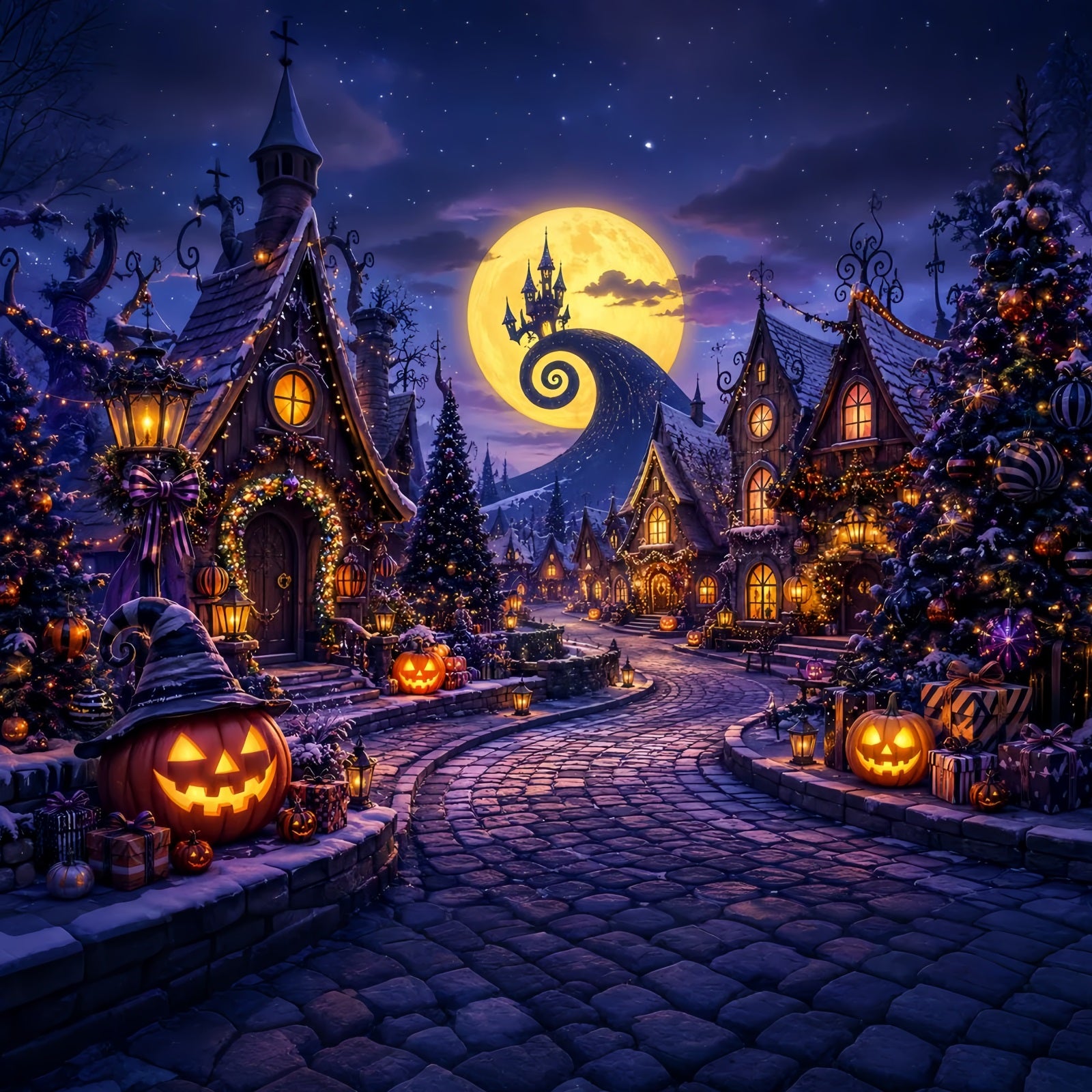 Photography Backdrops Halloween Moonlit Pumpkin Holiday Village Halloween Town Backdrop LXX67-196