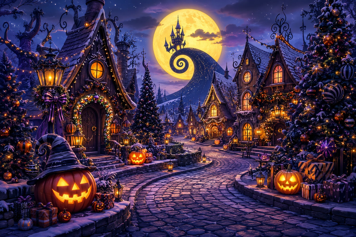 Photography Backdrops Halloween Moonlit Pumpkin Holiday Village Halloween Town Backdrop LXX67-196