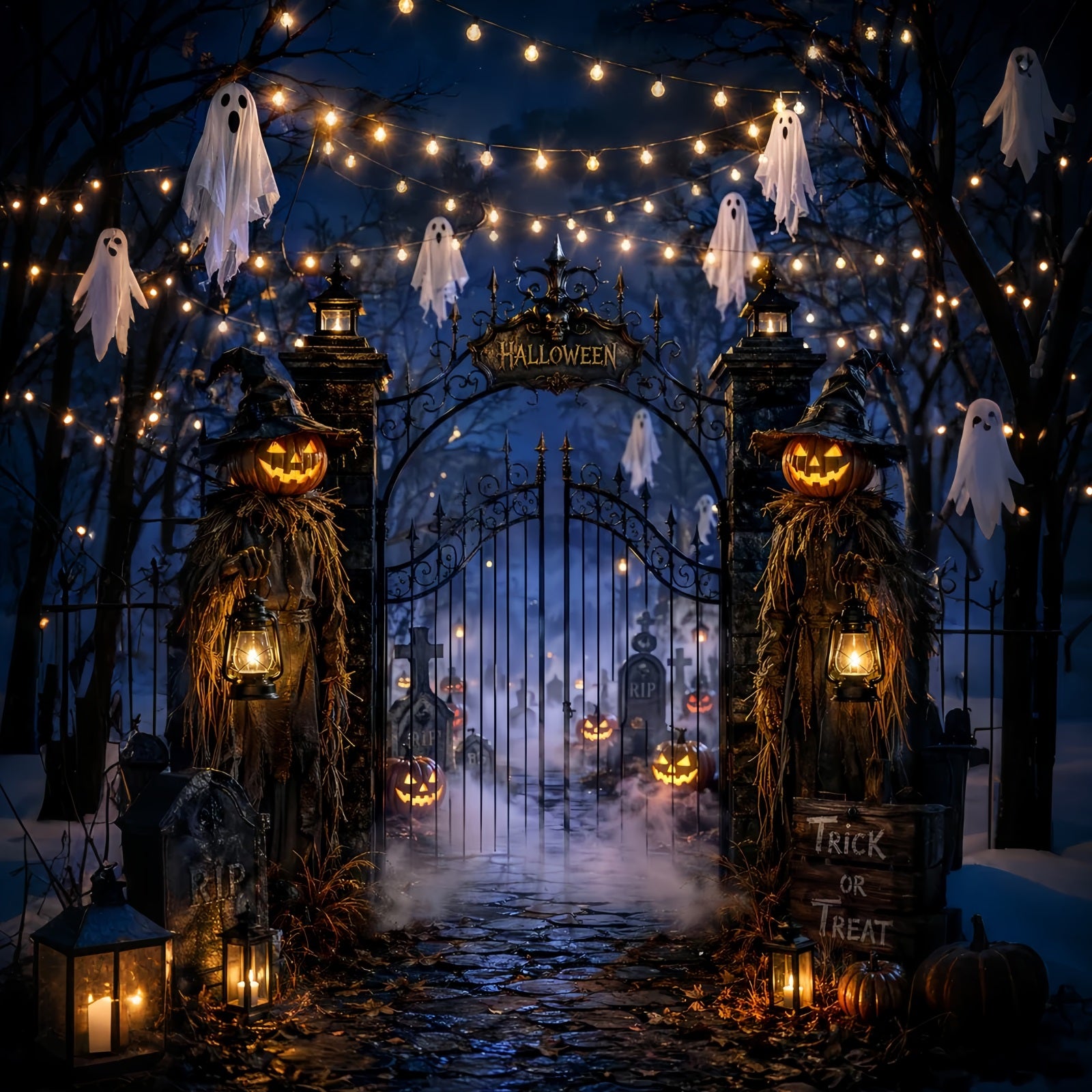 Halloween Party Backdrop Ideas Ghostly Lantern Cemetery Entrance Halloween Scary Backdrops LXX67-197