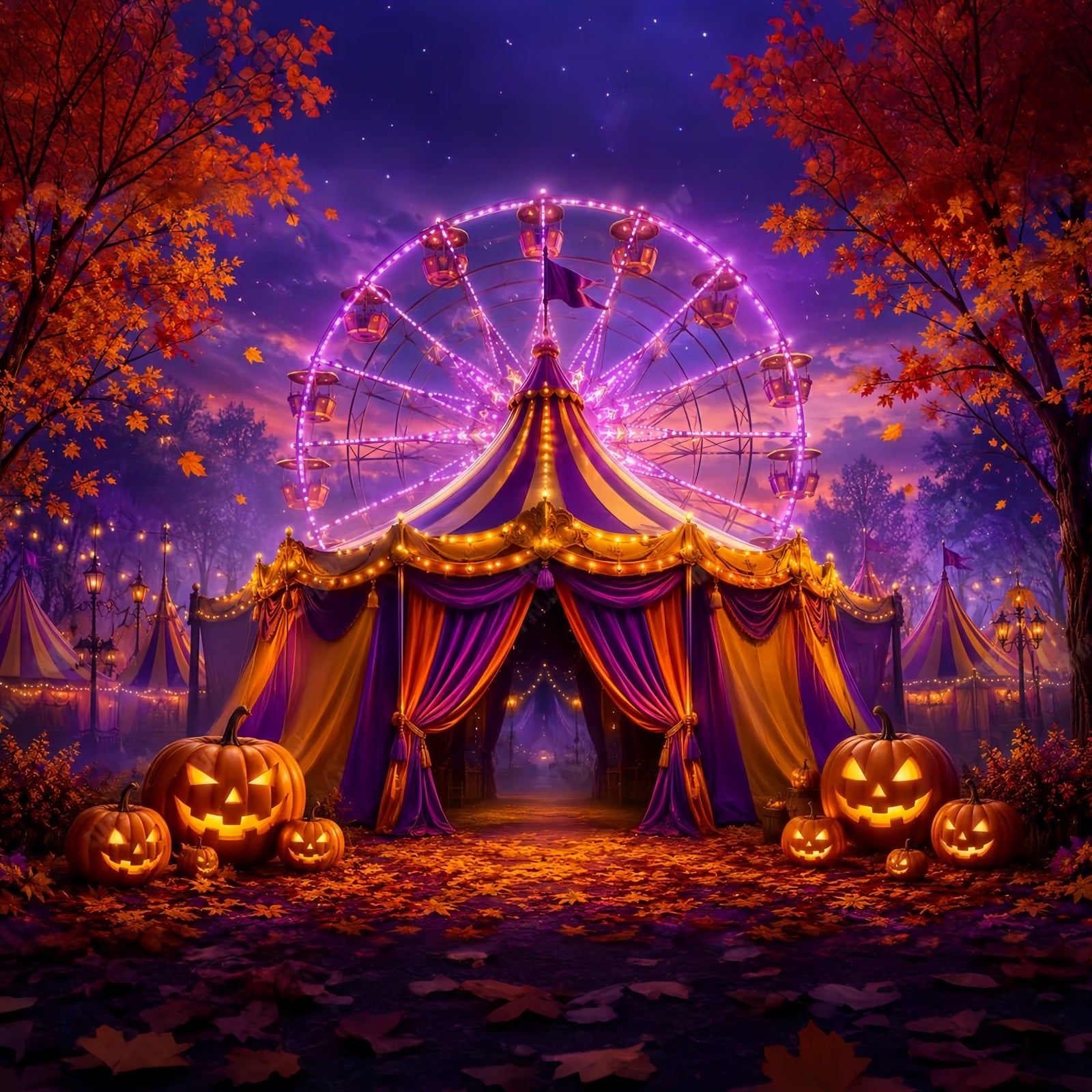 Halloween Backdrops For Pictures Purple Carnival Pumpkin Festival Halloween Circus Backdrop LXX67-198