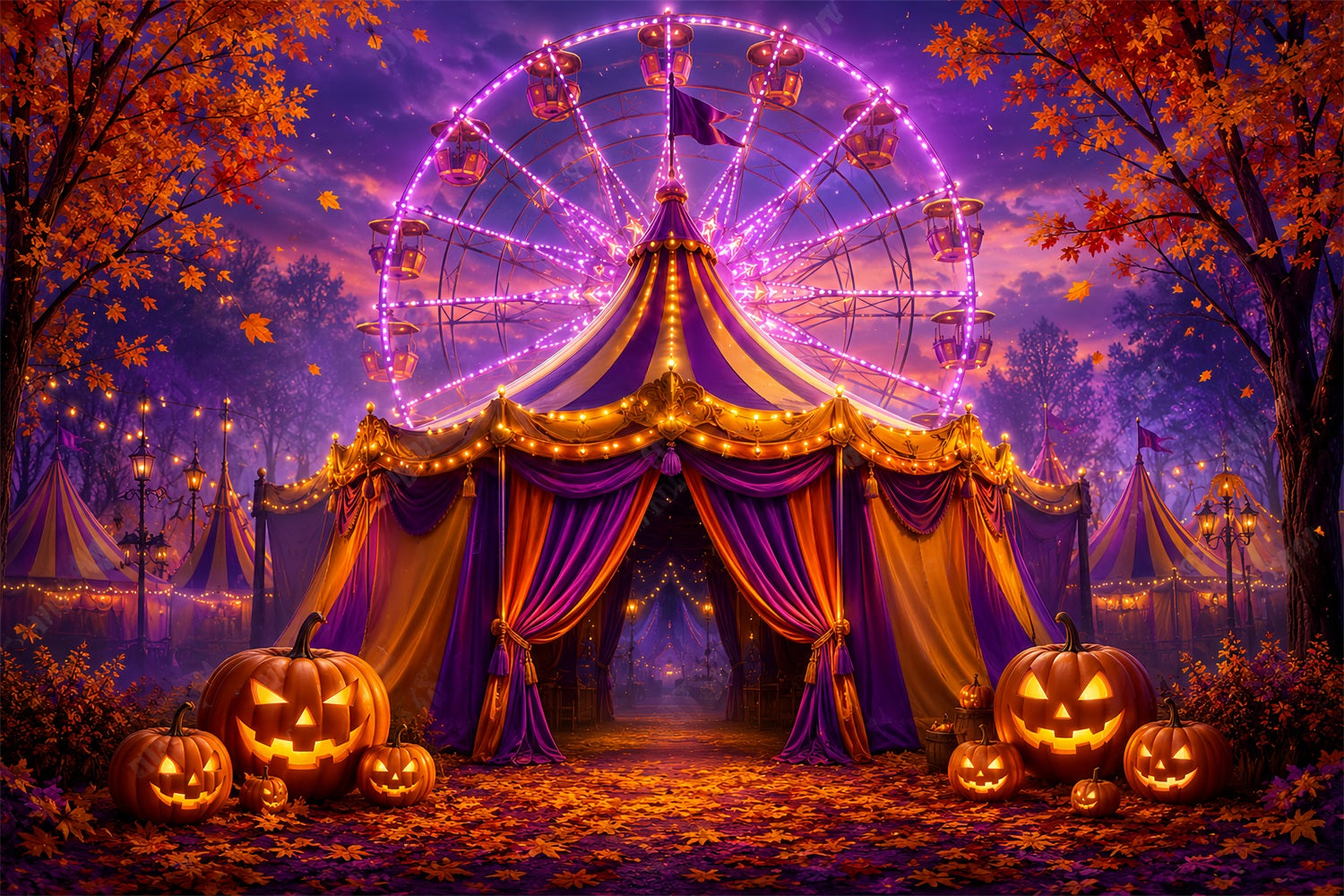 Halloween Backdrops For Pictures Purple Carnival Pumpkin Festival Halloween Circus Backdrop LXX67-198