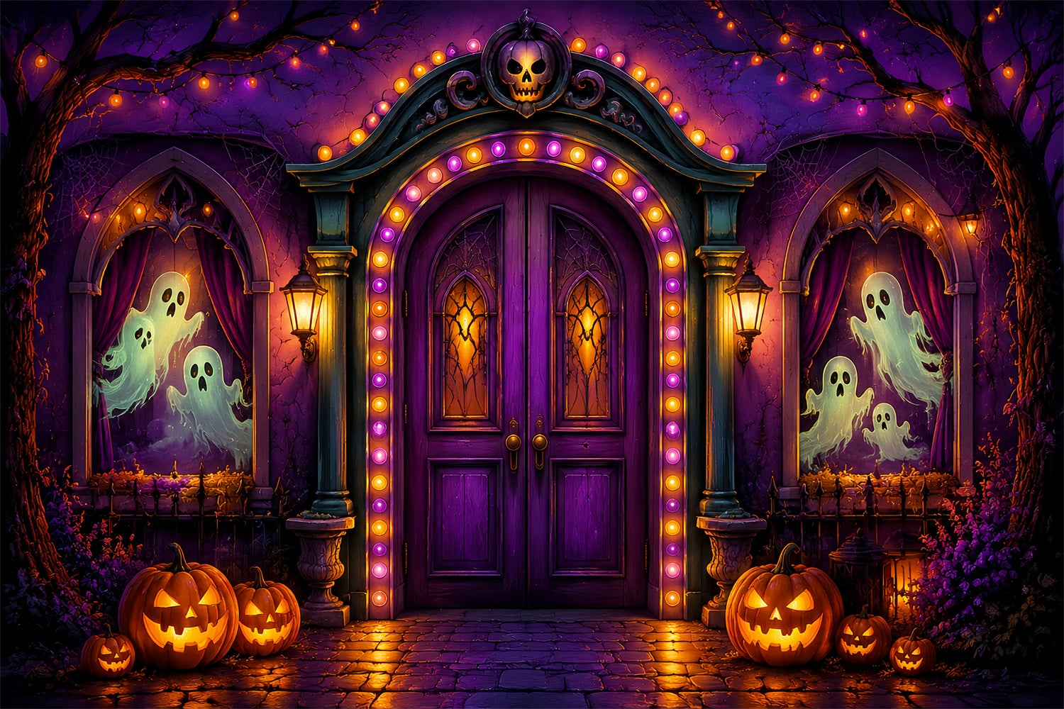 Halloween Cardboard Backdrops Purple Ghost Arch Entrance Halloween Photography Backdrop LXX67-20