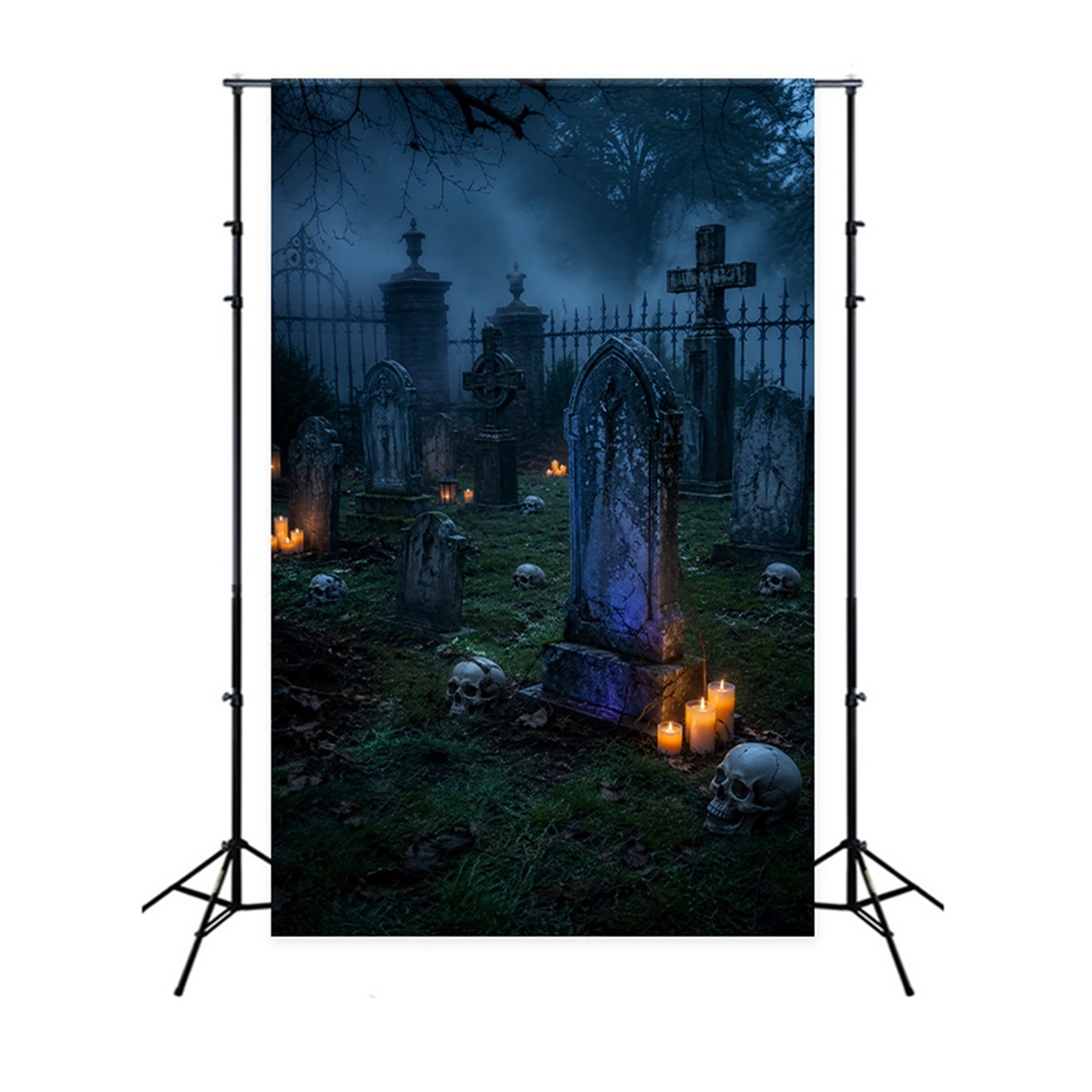 Halloween Cloth Backdrop Foggy Candlelit Skull Cemetery Graveyard Halloween Backdrops LXX67-202