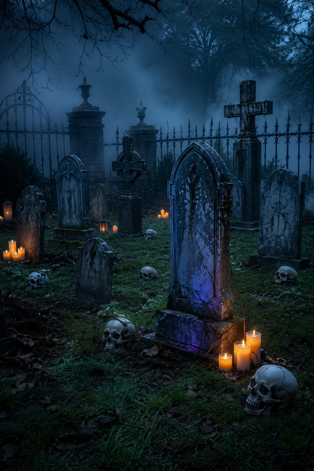 Halloween Cloth Backdrop Foggy Candlelit Skull Cemetery Graveyard Halloween Backdrops LXX67-202