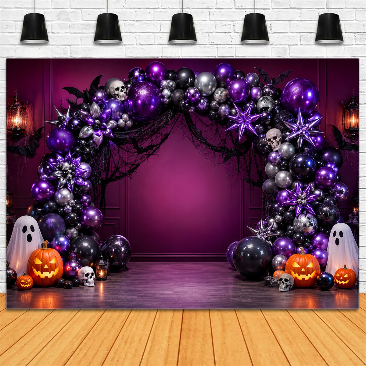 Halloween Backdrop Ideas DIY Purple Skull Ghost Balloon Arch Purple Halloween Backdrop LXX67-203