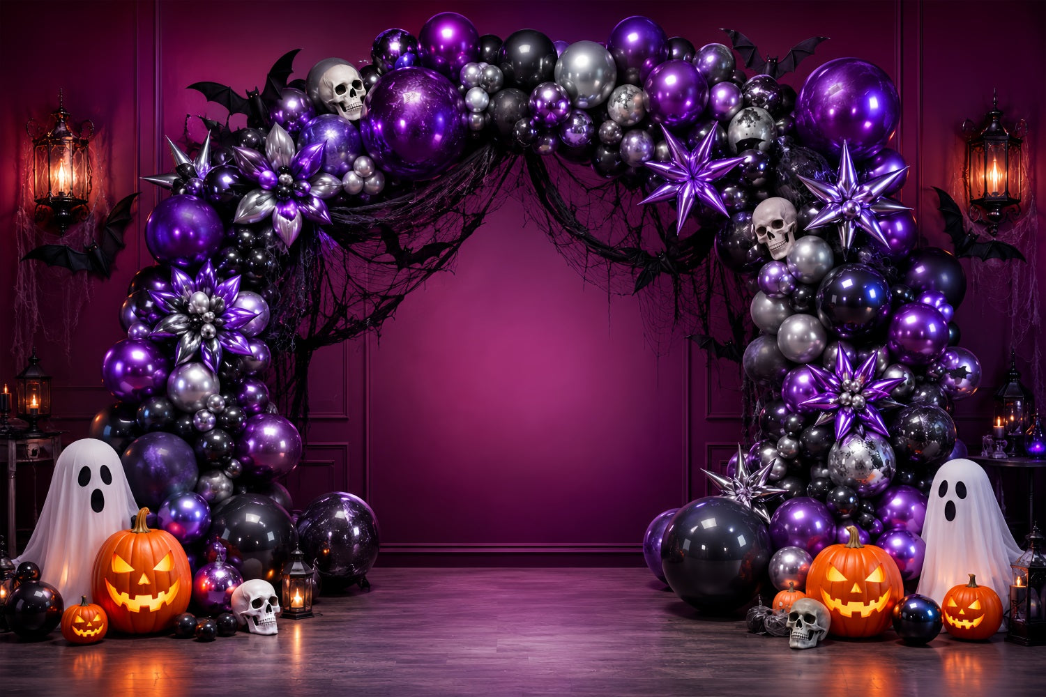 Halloween Backdrop Ideas DIY Purple Skull Ghost Balloon Arch Purple Halloween Backdrop LXX67-203