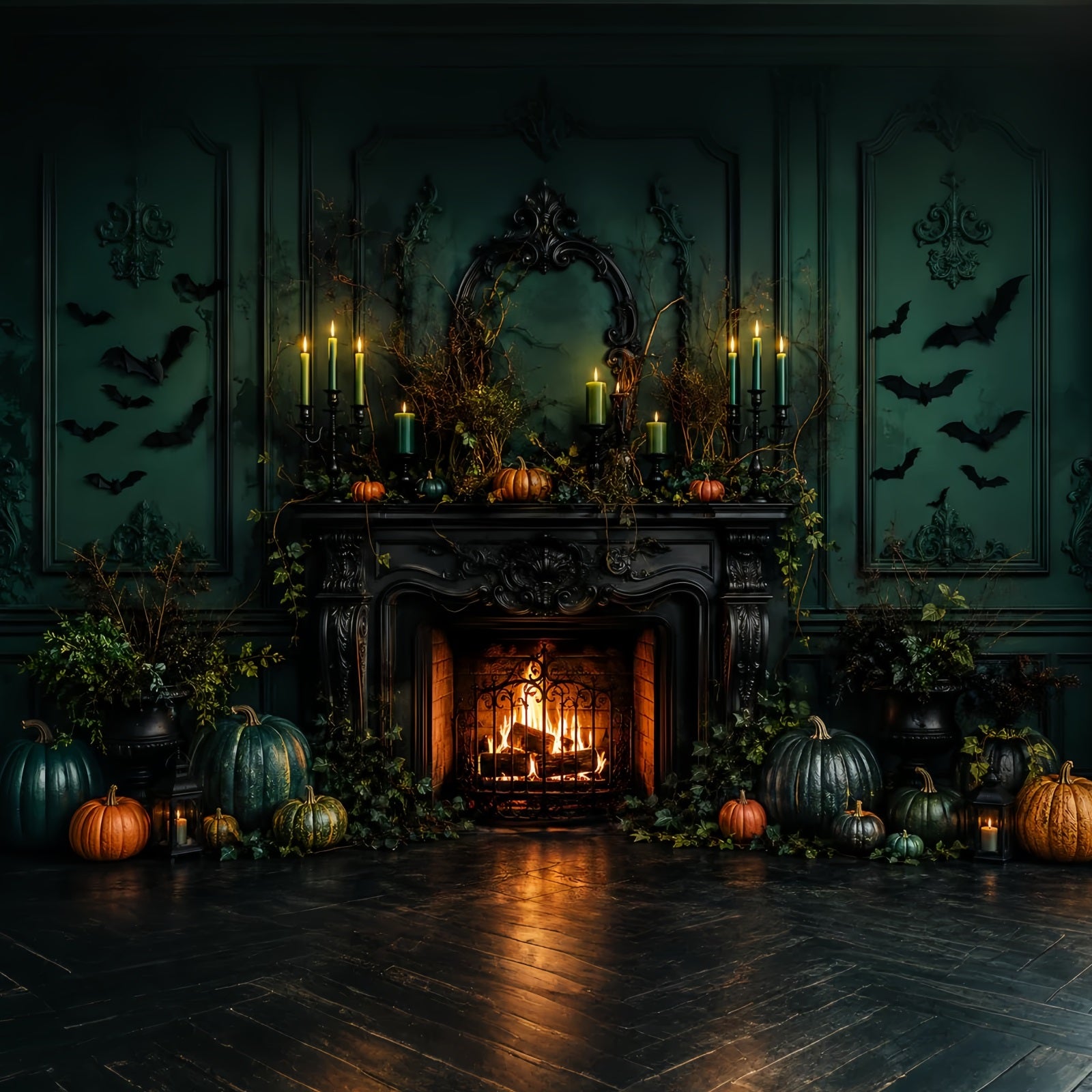 Scary Halloween Photo Backdrops Emerald Pumpkin Fireplace Mantel Happy Halloween Backdrop LXX67-206