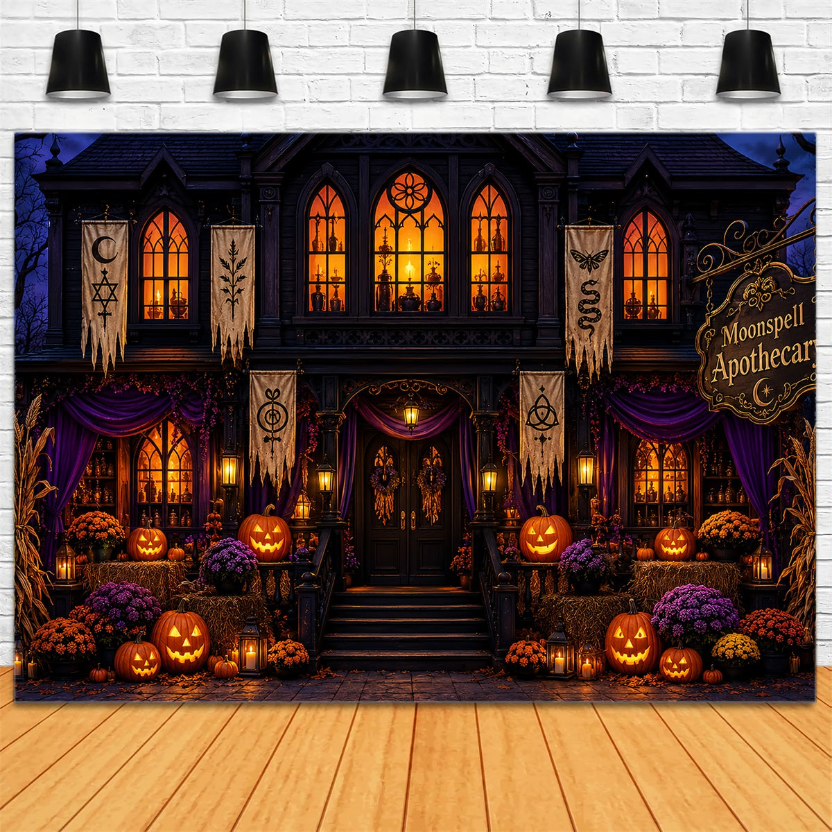 Halloween Backdrop Photos Gothic Pumpkin Apothecary Facade DIY Halloween Photo Backdrop LXX67-209