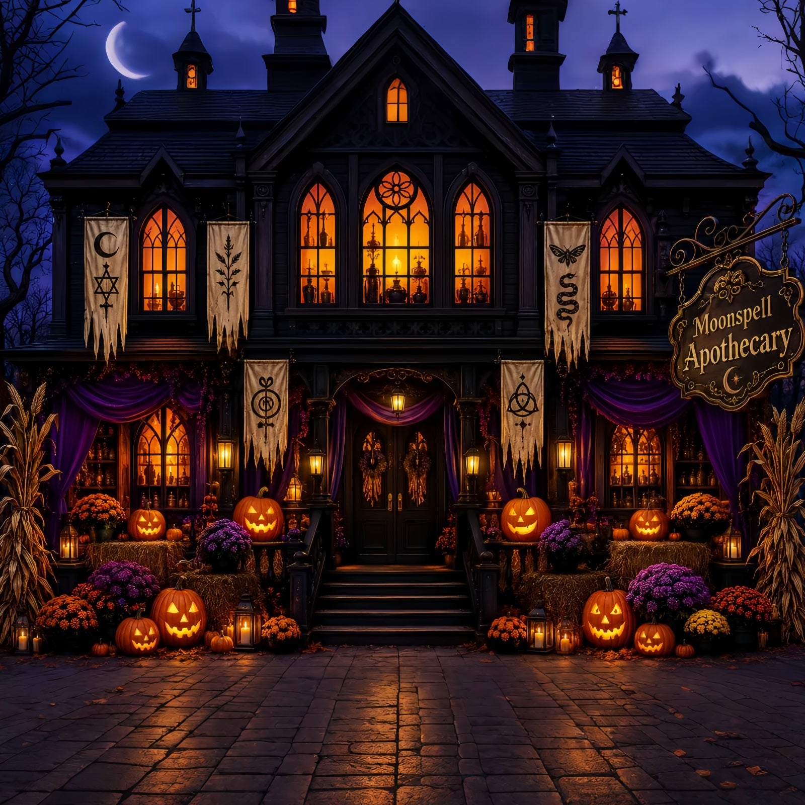 Halloween Backdrop Photos Gothic Pumpkin Apothecary Facade DIY Halloween Photo Backdrop LXX67-209