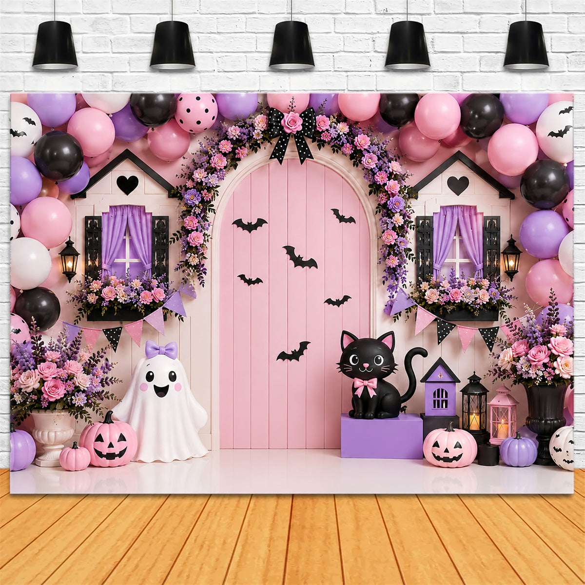 Pumpkin Patch Backdrop Pink Floral Ghost Doorway Halloween Photo Backdrop LXX67-212