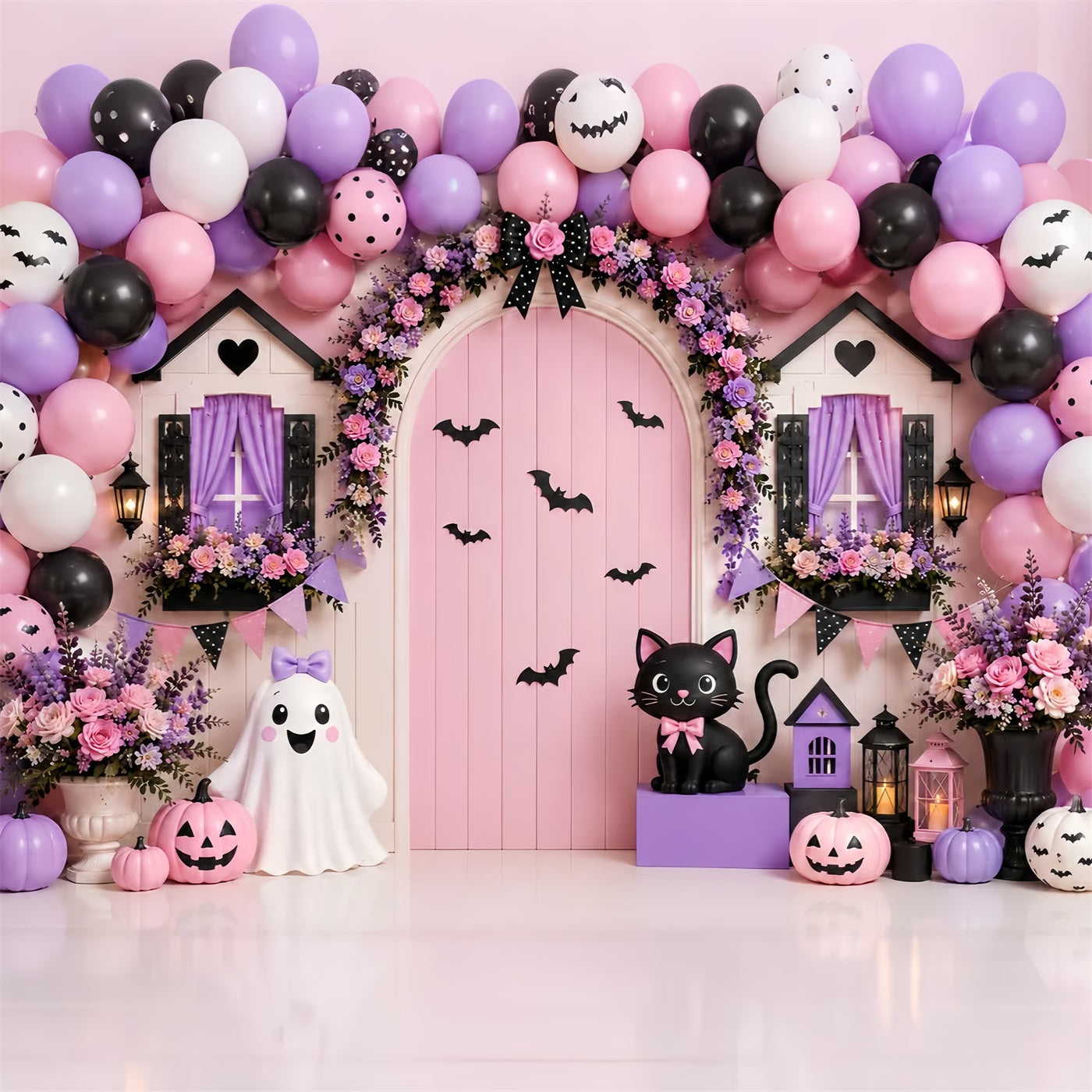 Pumpkin Patch Backdrop Pink Floral Ghost Doorway Halloween Photo Backdrop LXX67-212
