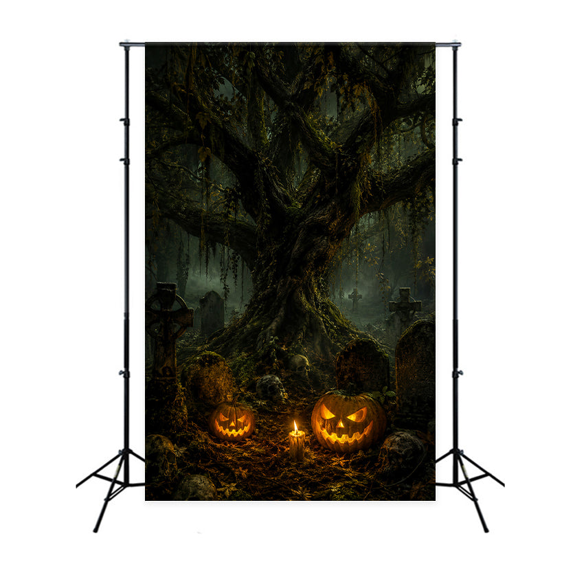 Cemetery Backdrop Mossy Skull Pumpkin Graveyard Halloween Backdrop For Photos LXX67-215
