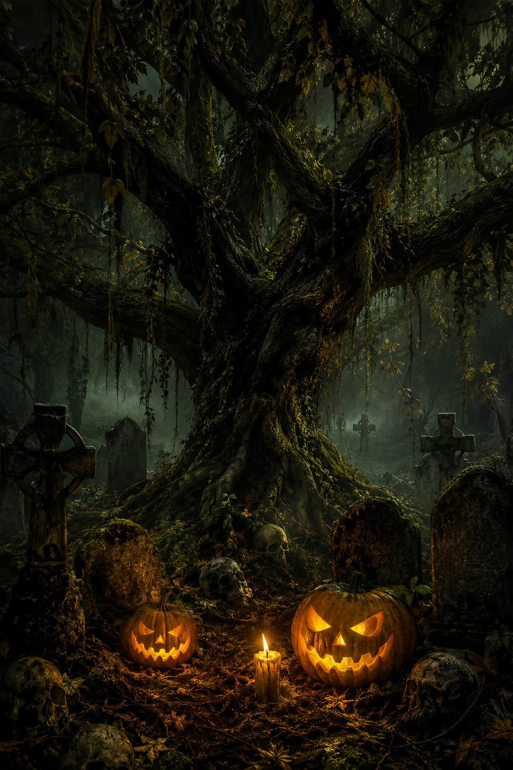 Cemetery Backdrop Mossy Skull Pumpkin Graveyard Halloween Backdrop For Photos LXX67-215