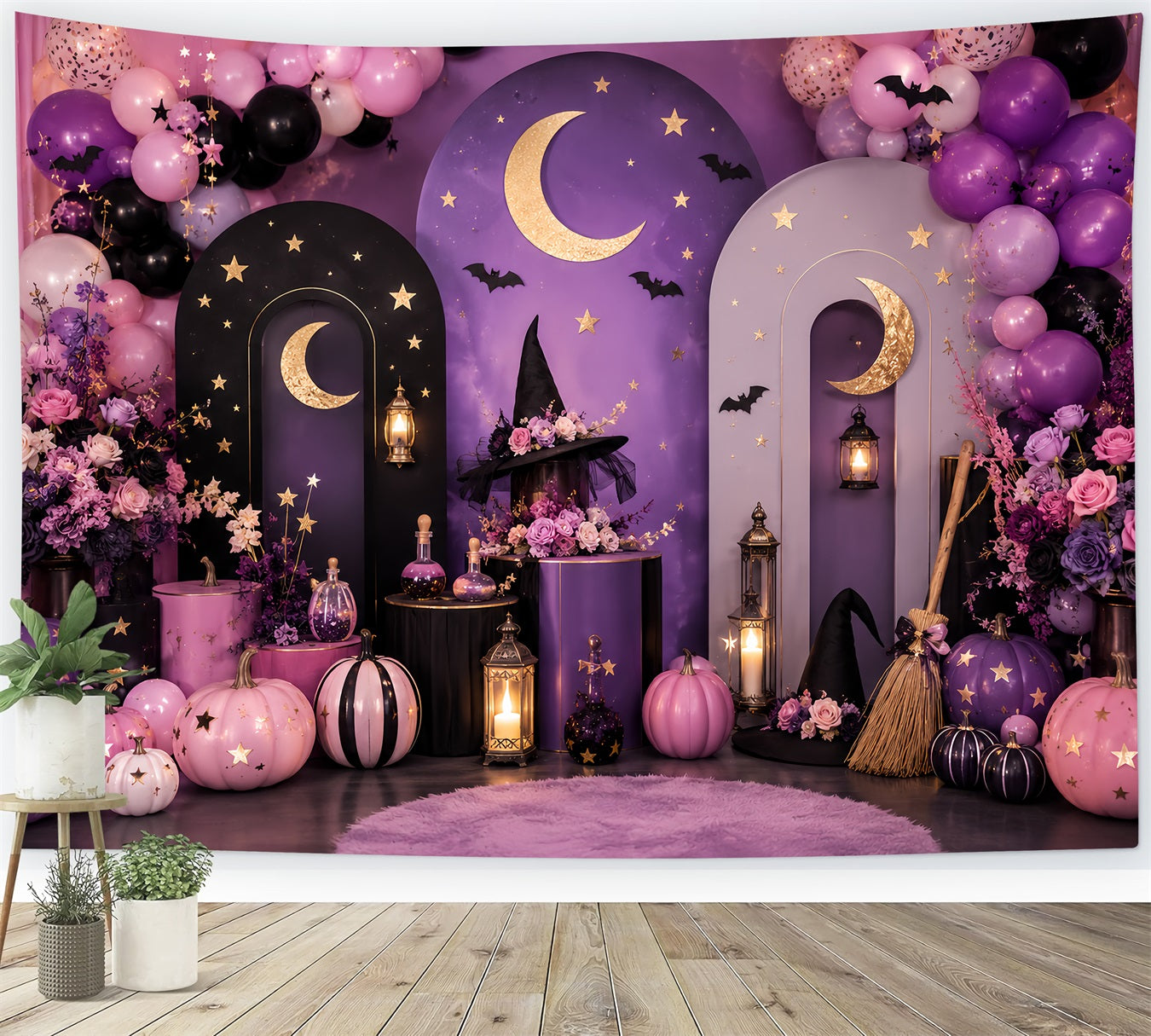 Pumpkin Patch Photo Backdrop Celestial Witch Moon Celebration Halloween Party Backdrop LXX67-226