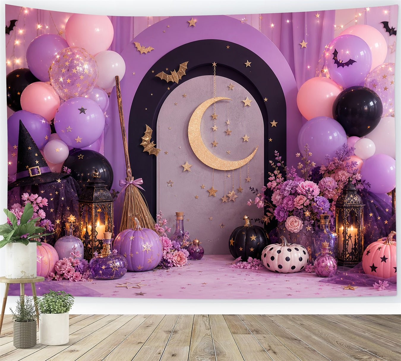 Pumpkin Patch Photo Backdrop Golden Crescent Witch Party Halloween Party Backdrop LXX67-227