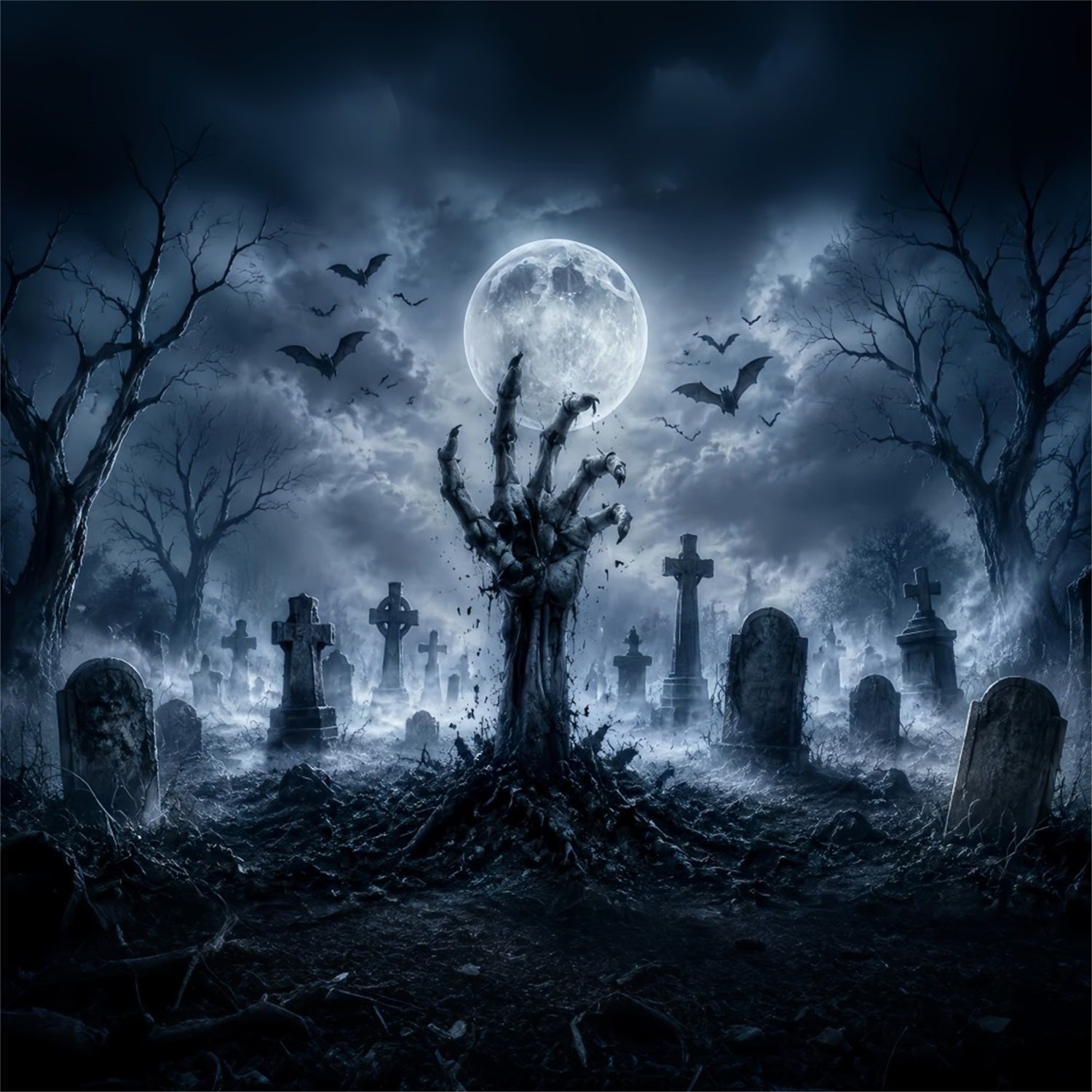 Halloween Graveyard Backdrops Zombie Hand Moonlit Graveyard Photo Booth Halloween Backdrop LXX67-23
