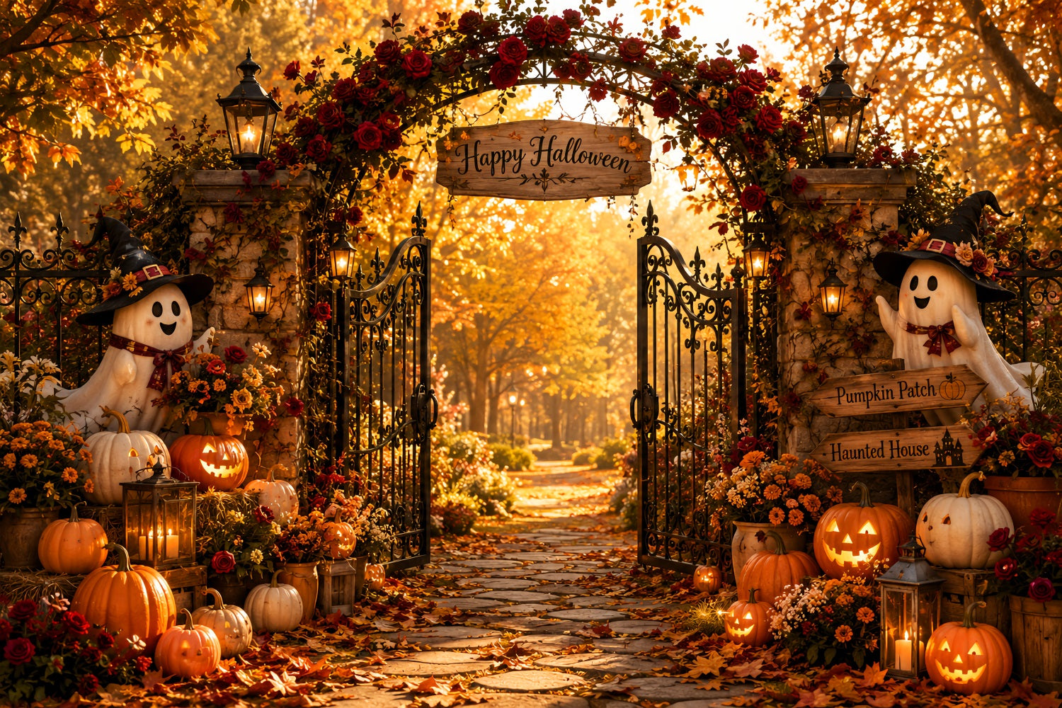 Pumpkin Photo Backdrop Autumn Rose Ghost Gateway Scary Backdrop LXX67-232