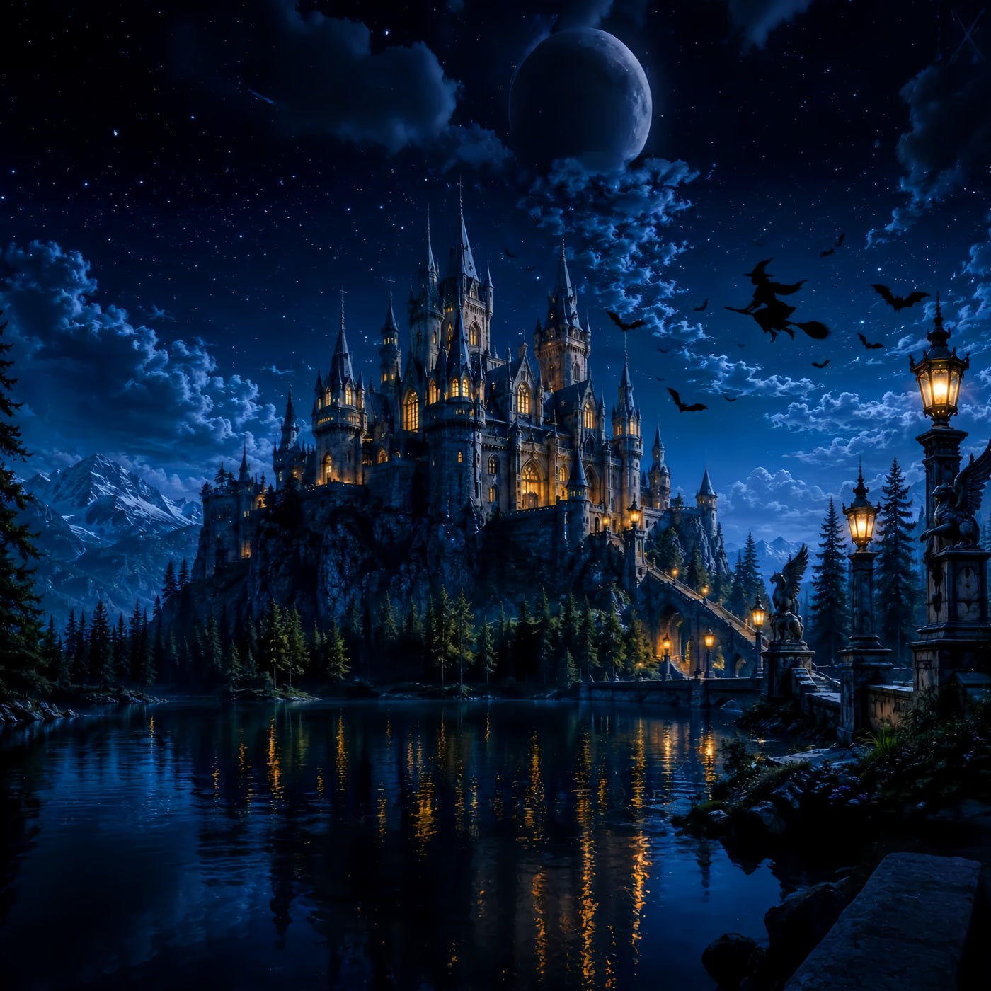 Haunted Castle Backdrop Moonlit Witch House Lake Halloween Picture Backdrop LXX67-233