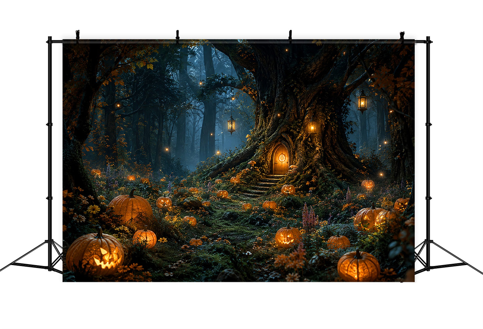 Scary Forest Backdrop Lanternlit Pumpkin Tree Cottage Halloween Photography Backdrop LXX67-239