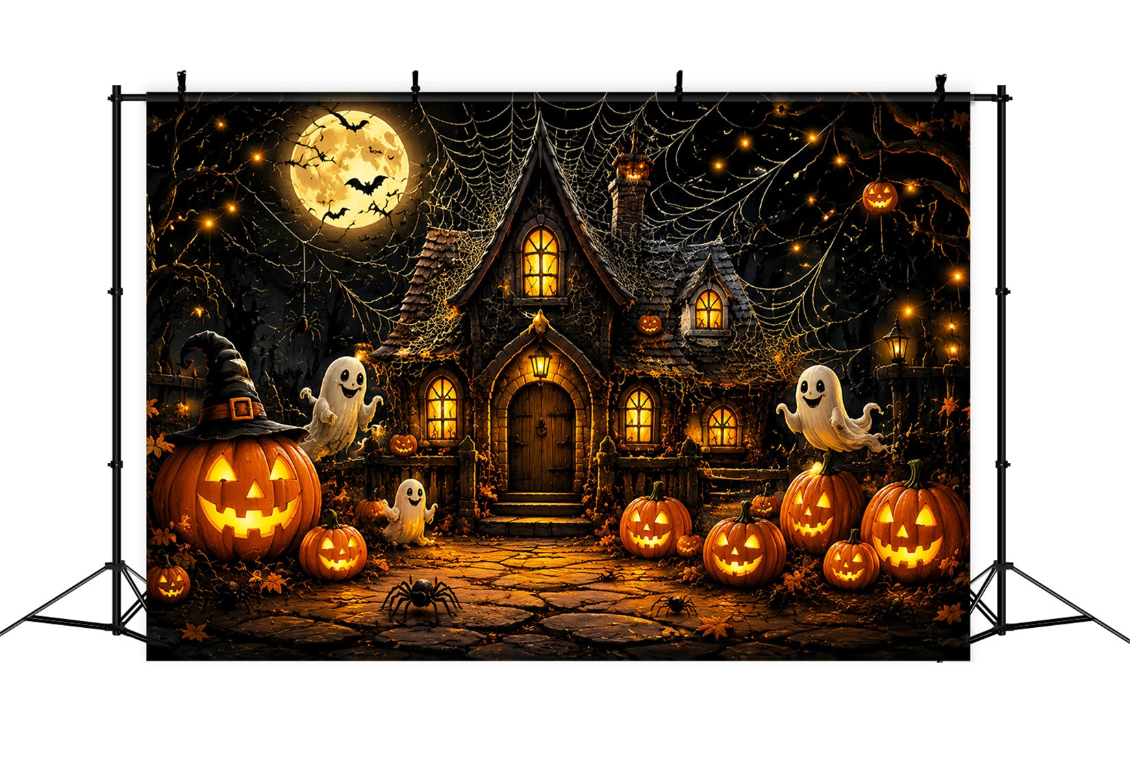 Halloween Backdrop For Photo Booth Ghost Pumpkin Cottage Spiderwebs Cute Halloween Backdrop LXX67-24