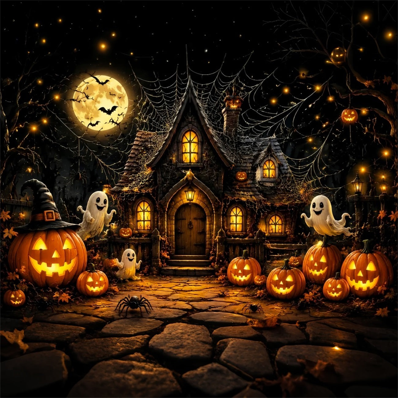 Halloween Backdrop For Photo Booth Ghost Pumpkin Cottage Spiderwebs Cute Halloween Backdrop LXX67-24