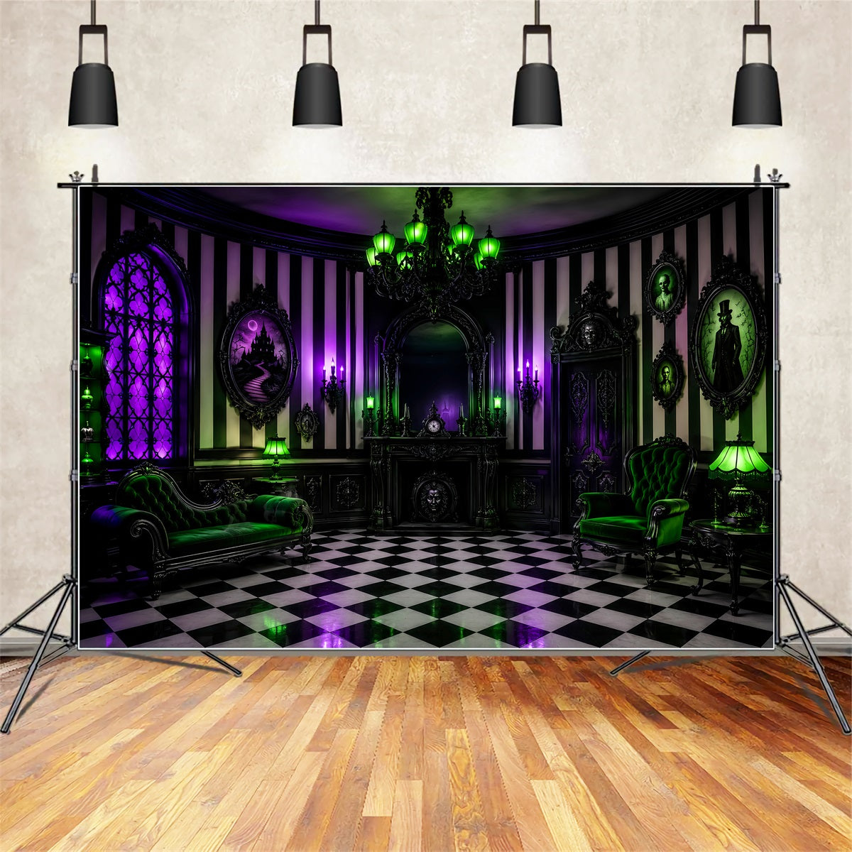 Halloween Haunted House Backdrop Purple Green Gothic Parlor Creepy Backdrop LXX67-245