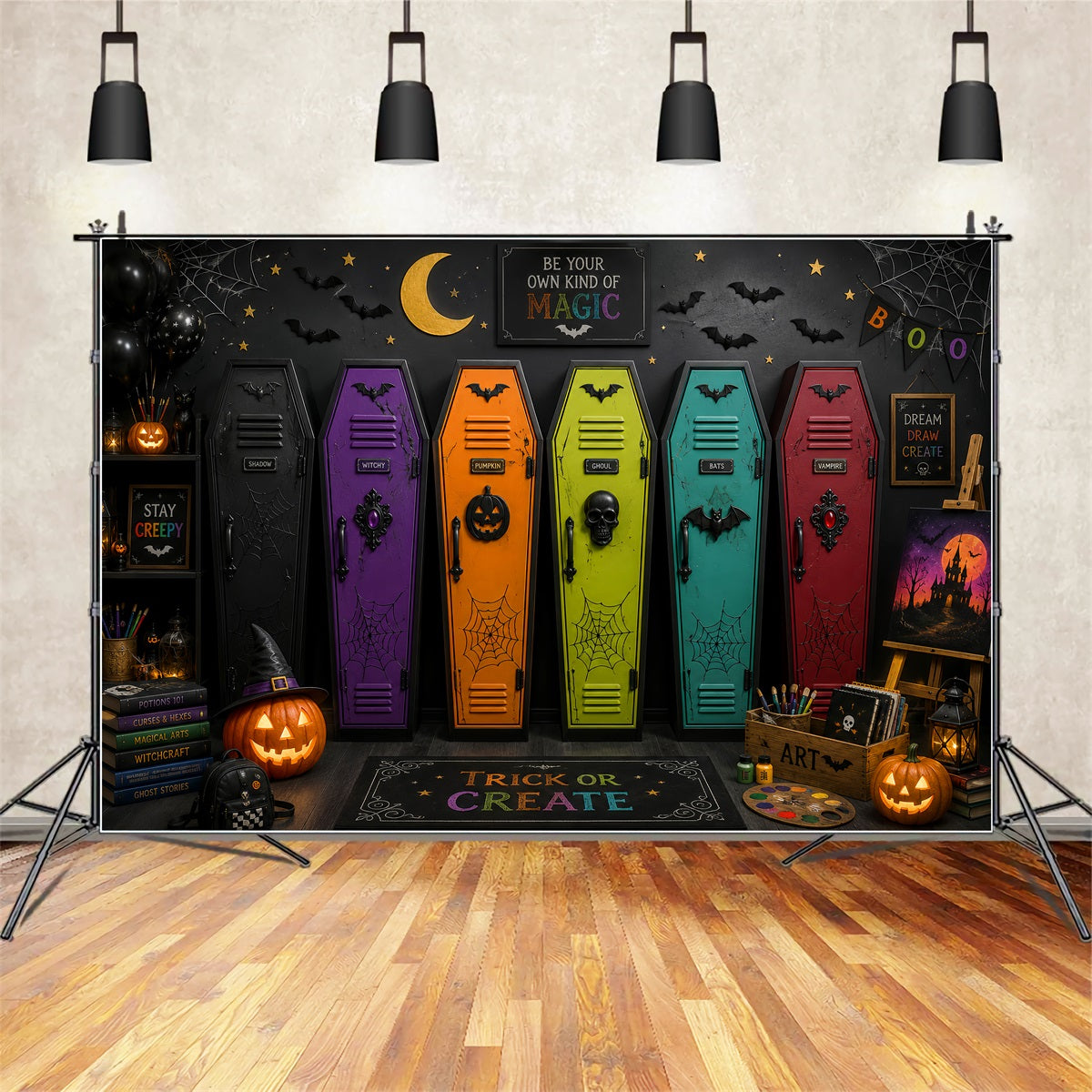 Coffin Backdrop Colorful Coffin Art Classroom Photo Booth Halloween Backdrop LXX67-246