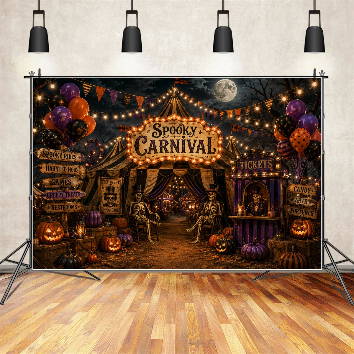 Halloween Circus Backdrop Moonlit Skeleton Carnival Entrance Horror Backdrops LXX67-247
