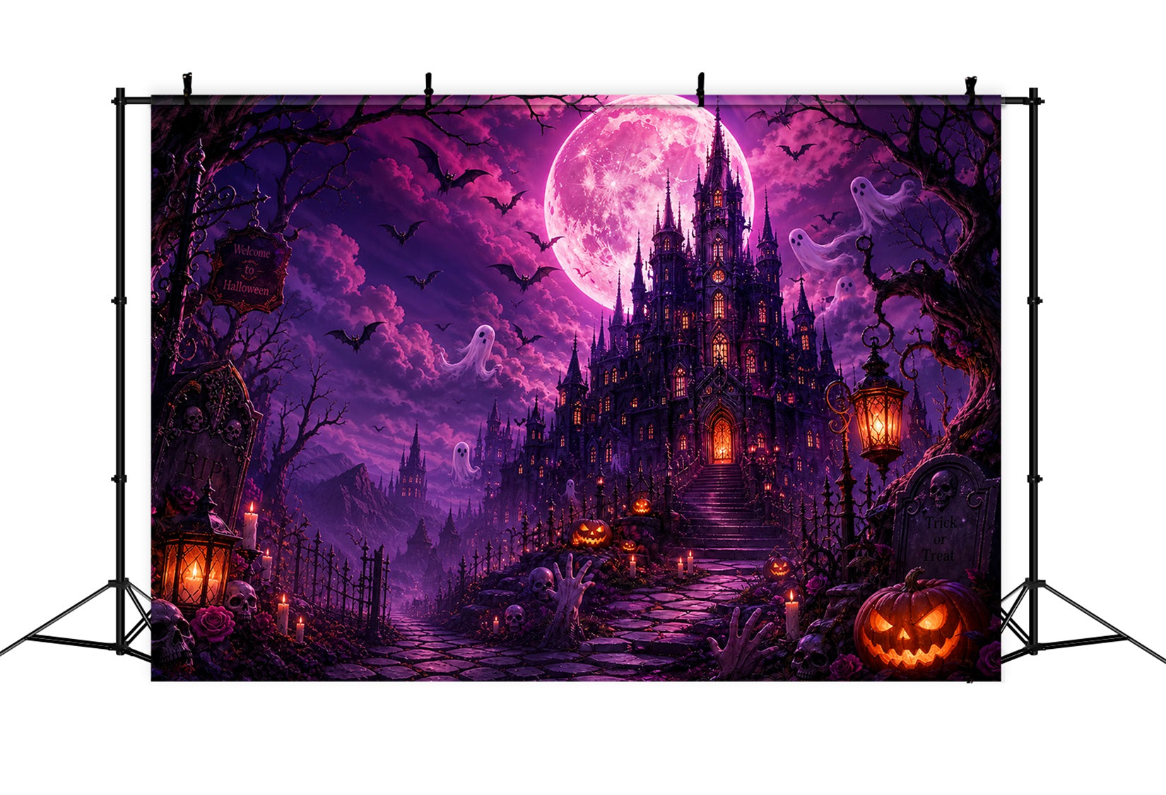 Graveyard Halloween Backdrops Purple Moon Ghost Castle Pink Halloween Backdrop LXX67-248