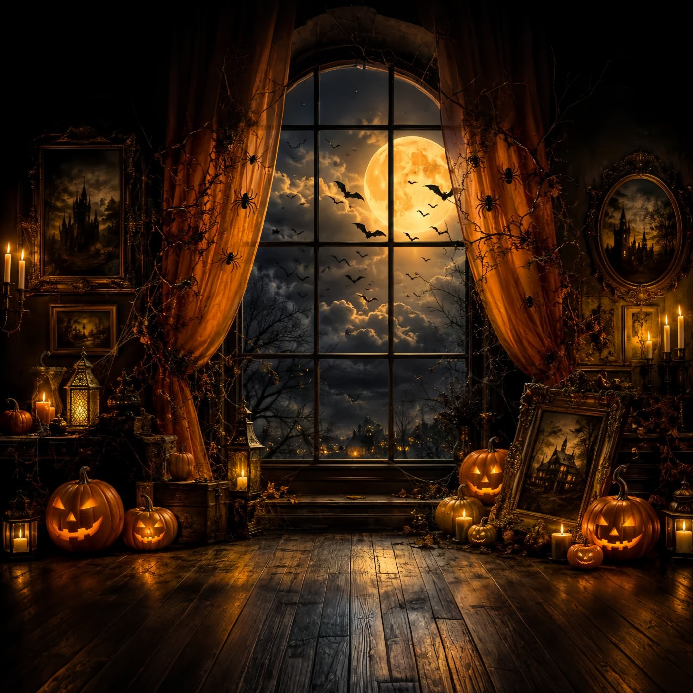 Halloween Window Backdrop Moonlit Pumpkin Portrait Chamber Cute Halloween Backdrop LXX67-250
