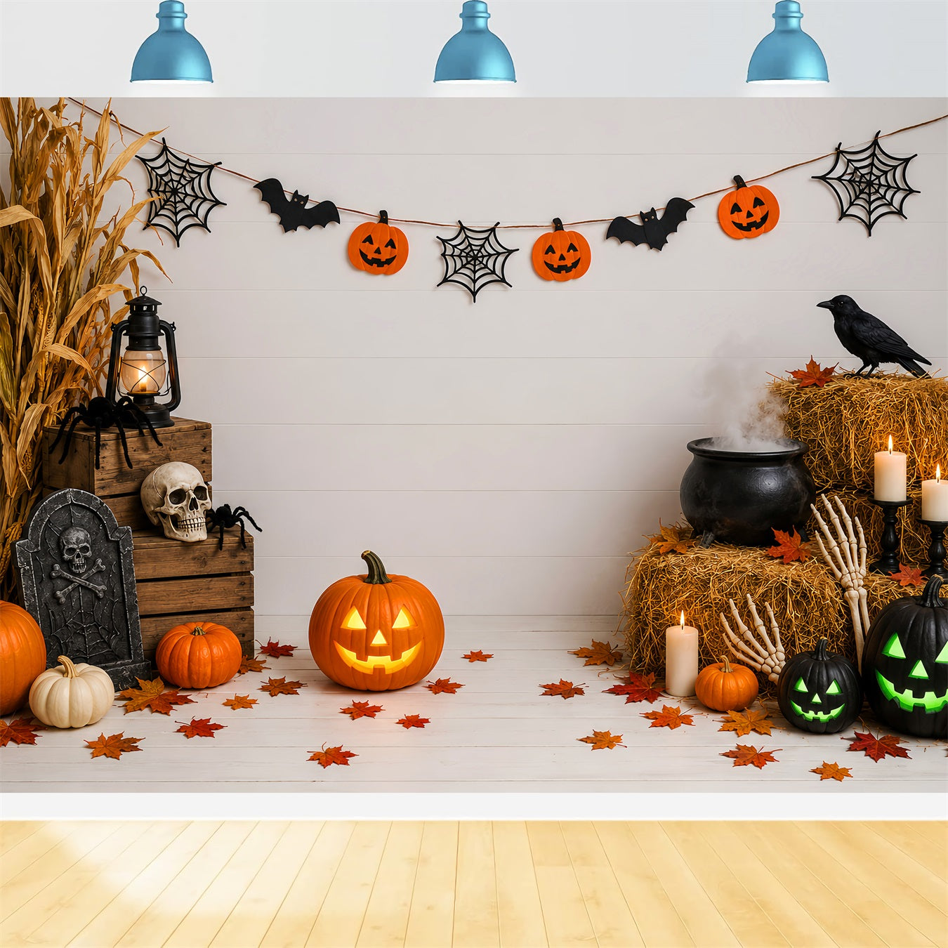 Graveyard Backdrops Rustic Pumpkin Cauldron Display Halloween Birthday Backdrop LXX67-254