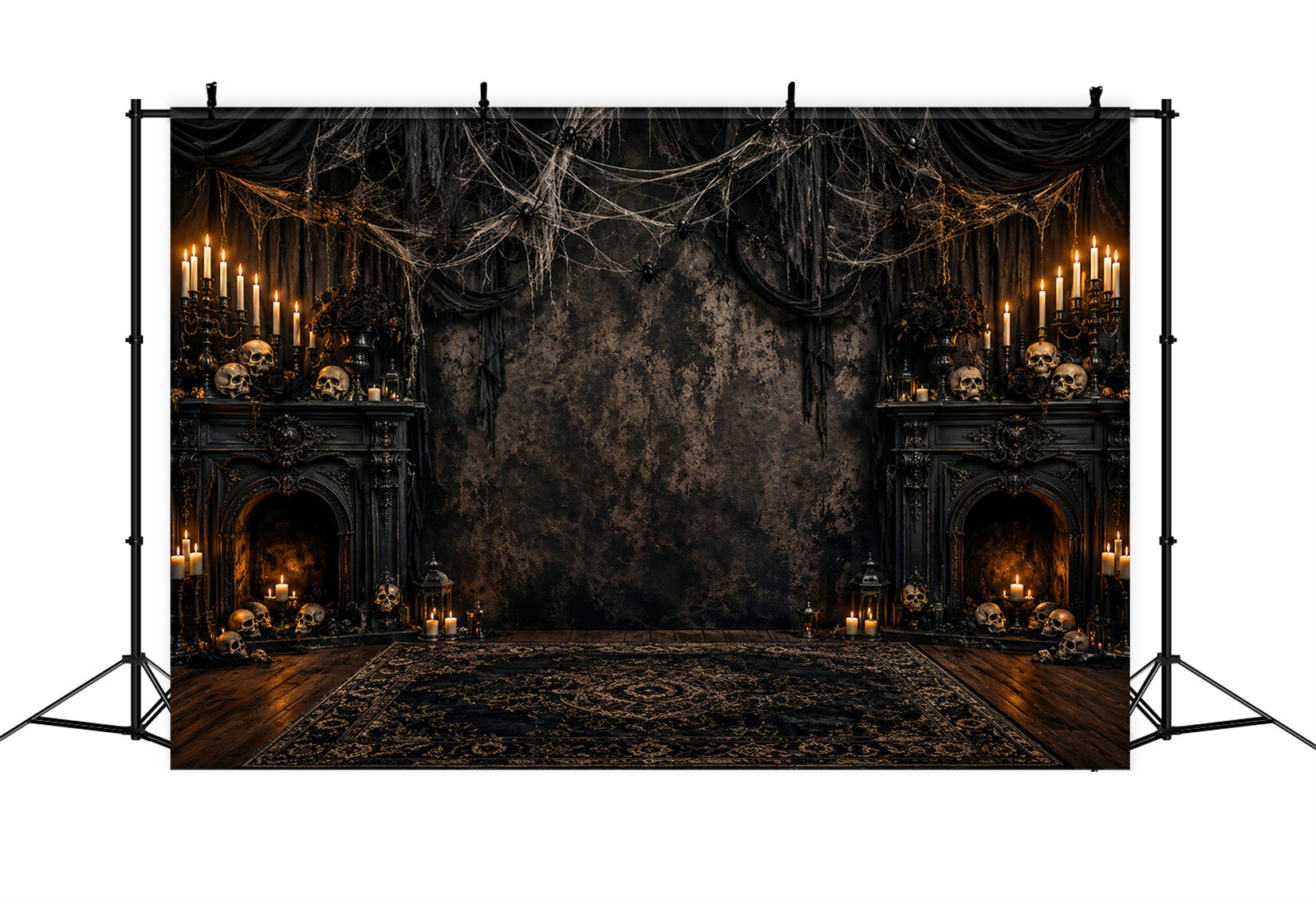Spider Web Backdrop Candlelit Skull Fireplace Halloween Photoshoot Backdrop LXX67-255