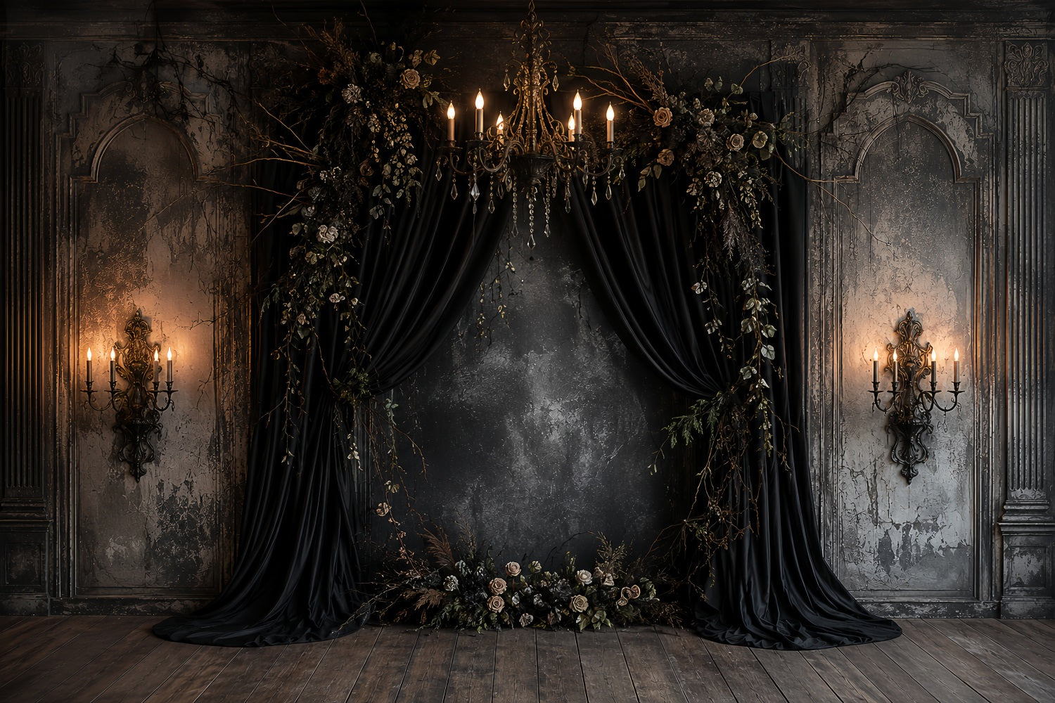 Pumpkin Backdrops Black Draped Floral Alcove Gothic Wedding Backdrop LXX67-257