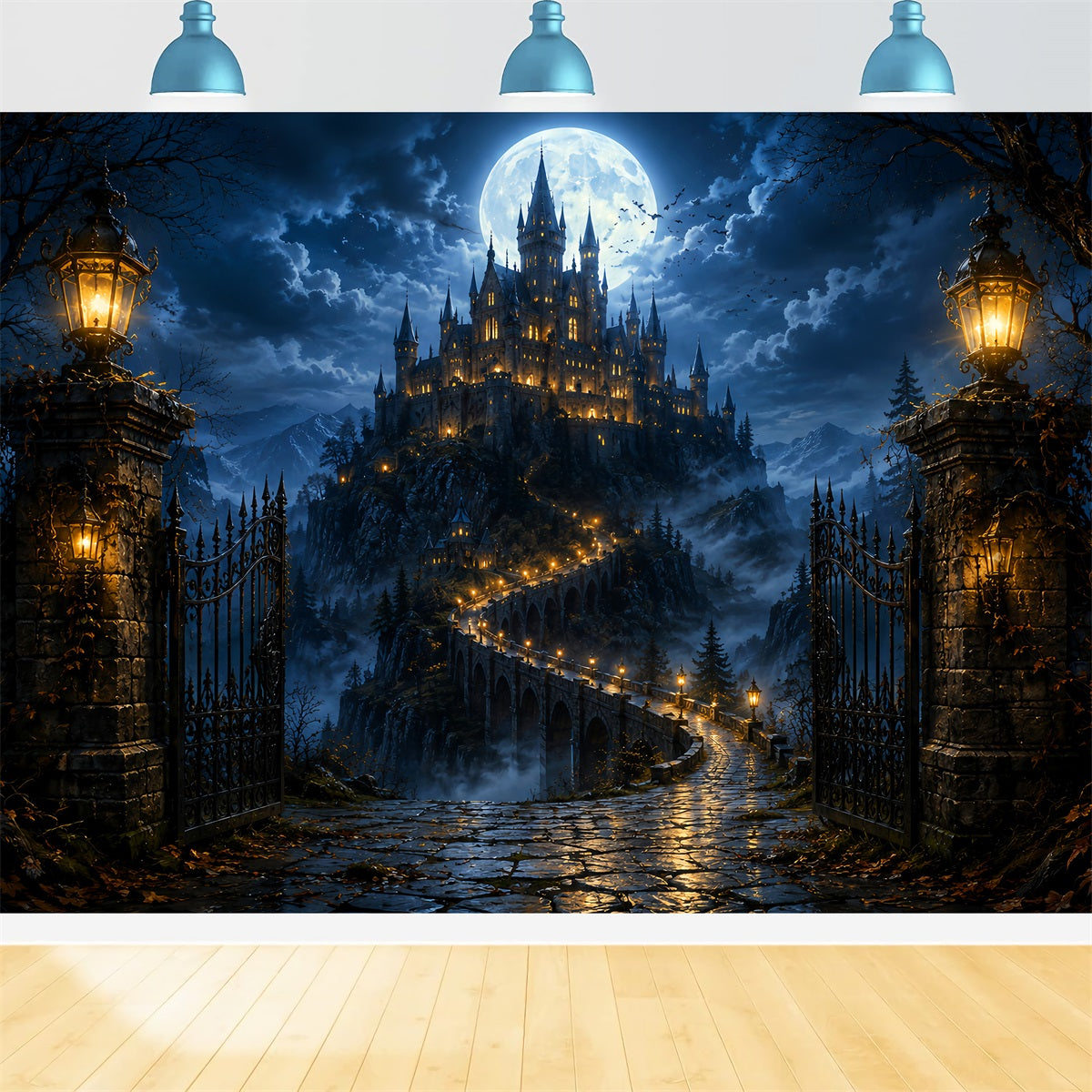 Haunted Cemetery Backdrop Moonlit Castle Bridge Gateway Magic Kingdom Backdrop LXX67-258