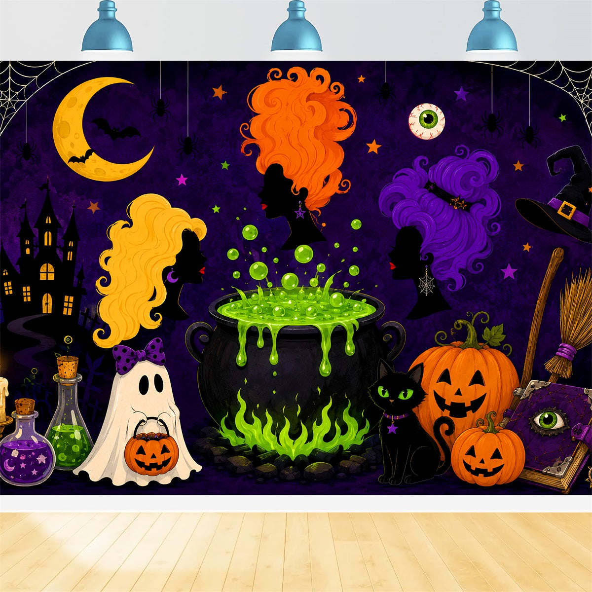 Halloween Moon Backdrop Cartoon Witch Cauldron Gathering Magic Backdrop LXX67-259