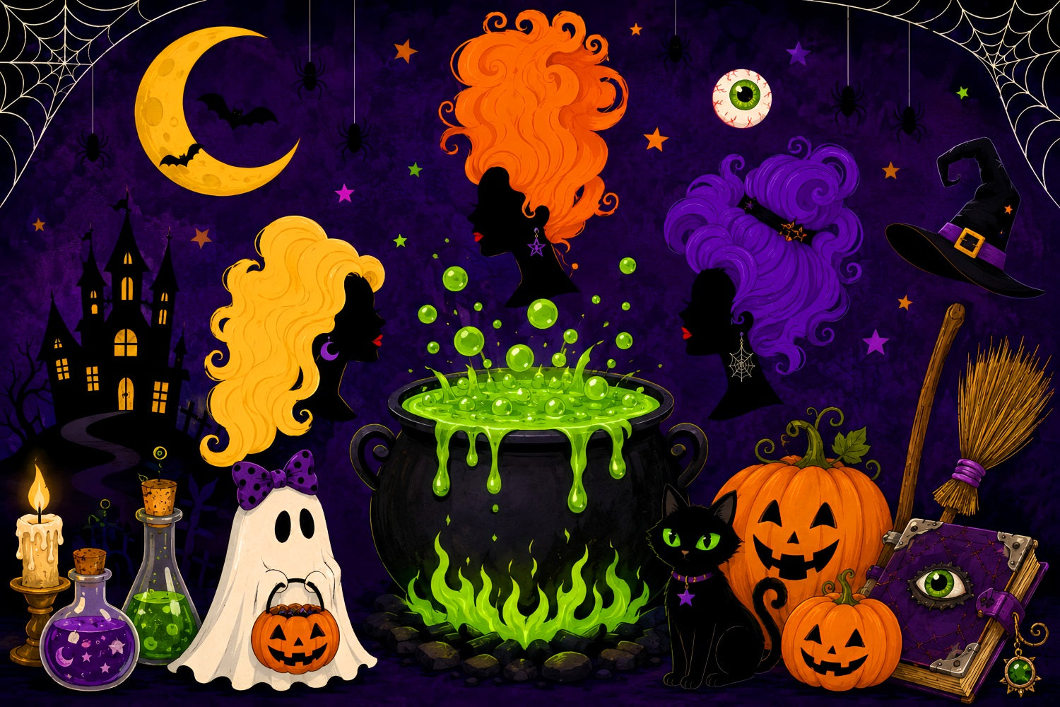 Halloween Moon Backdrop Cartoon Witch Cauldron Gathering Magic Backdrop LXX67-259