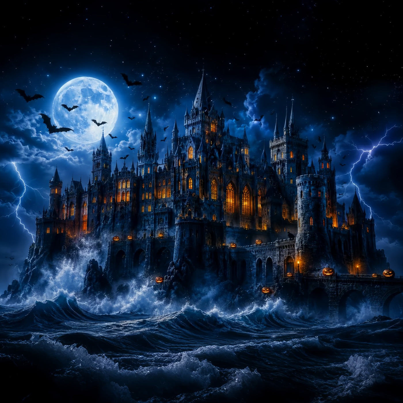 Halloween Castle Backdrop Stormy Moonlit Ocean Scary Backdrops For Halloween LXX67-260