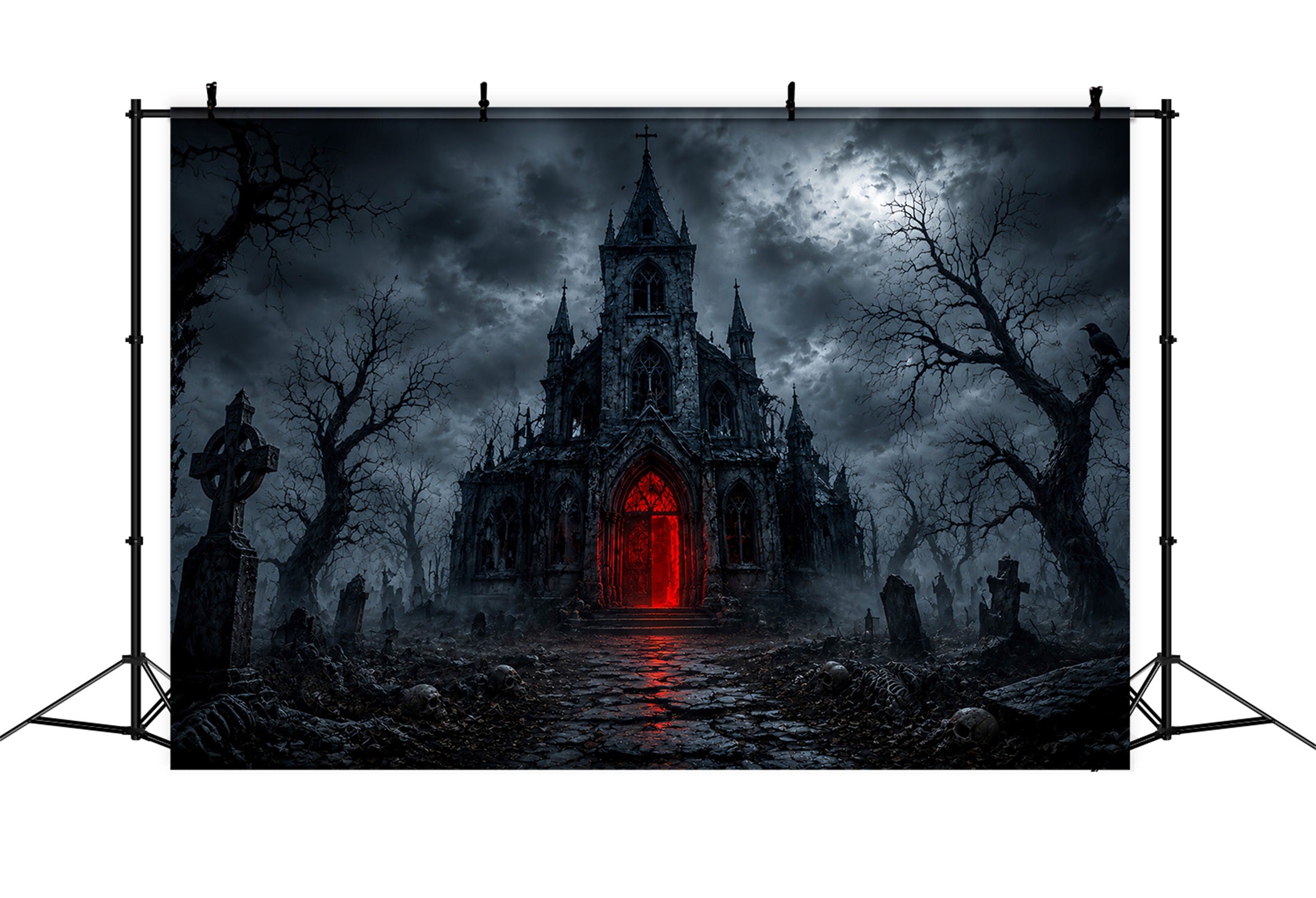 Halloween House Backdrop Gothic Church Red Portal Halloween Cemetery Backdrop LXX67-28