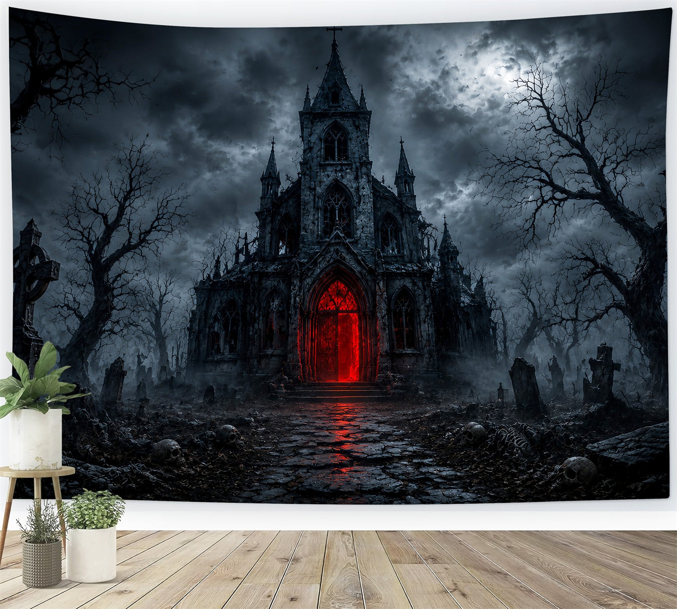 Halloween House Backdrop Gothic Church Red Portal Halloween Cemetery Backdrop LXX67-28