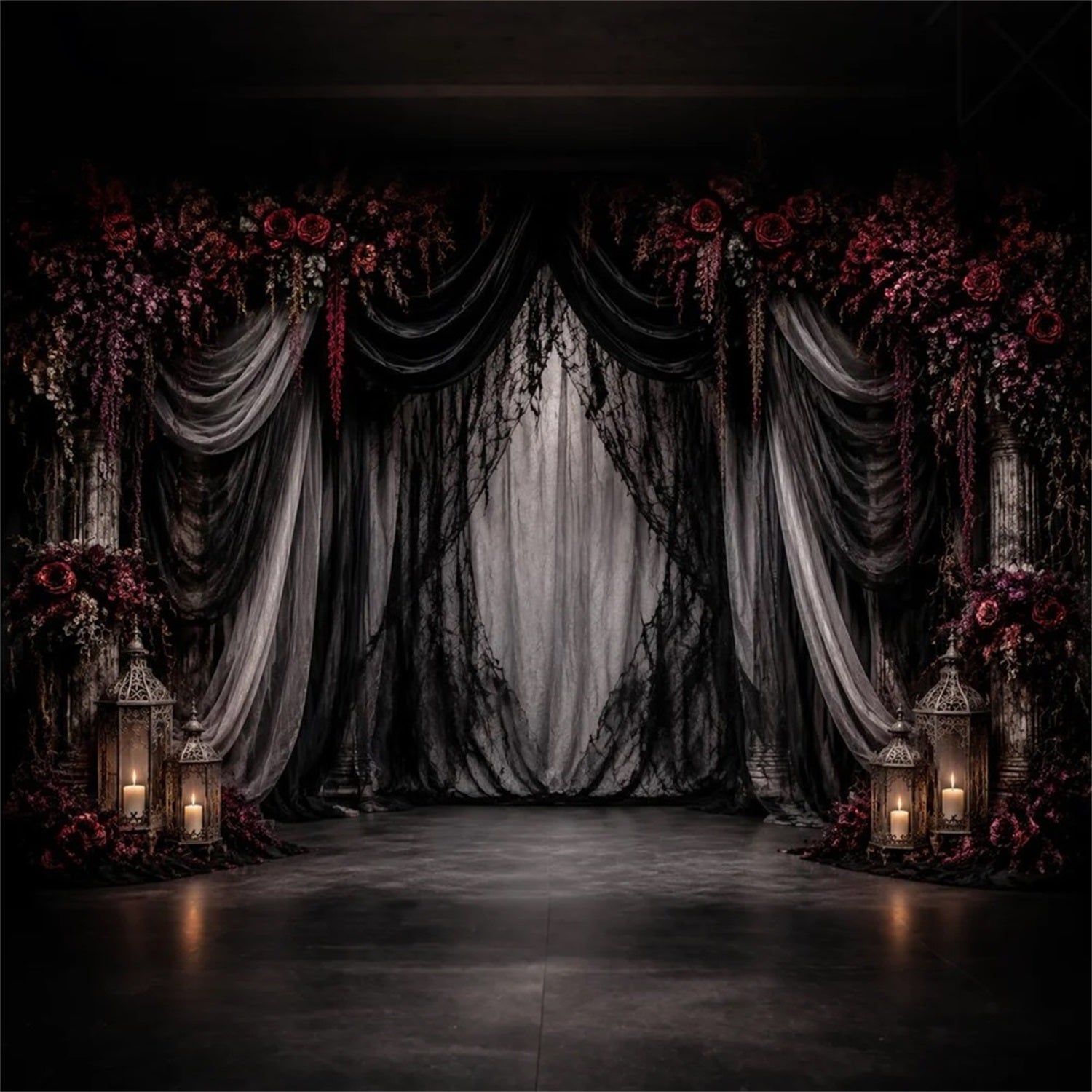 Halloween Wedding Backdrop Gothic Drapery Crimson Roses Halloween Photo Backdrop LXX67-3