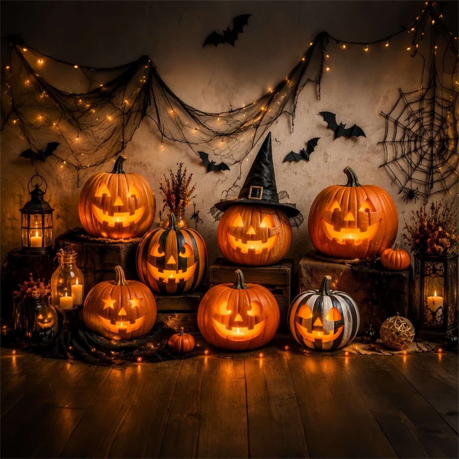 Fabric Halloween Backdrop Glowing Pumpkin Lantern Display Halloween Backdrop For Pictures LXX67-30
