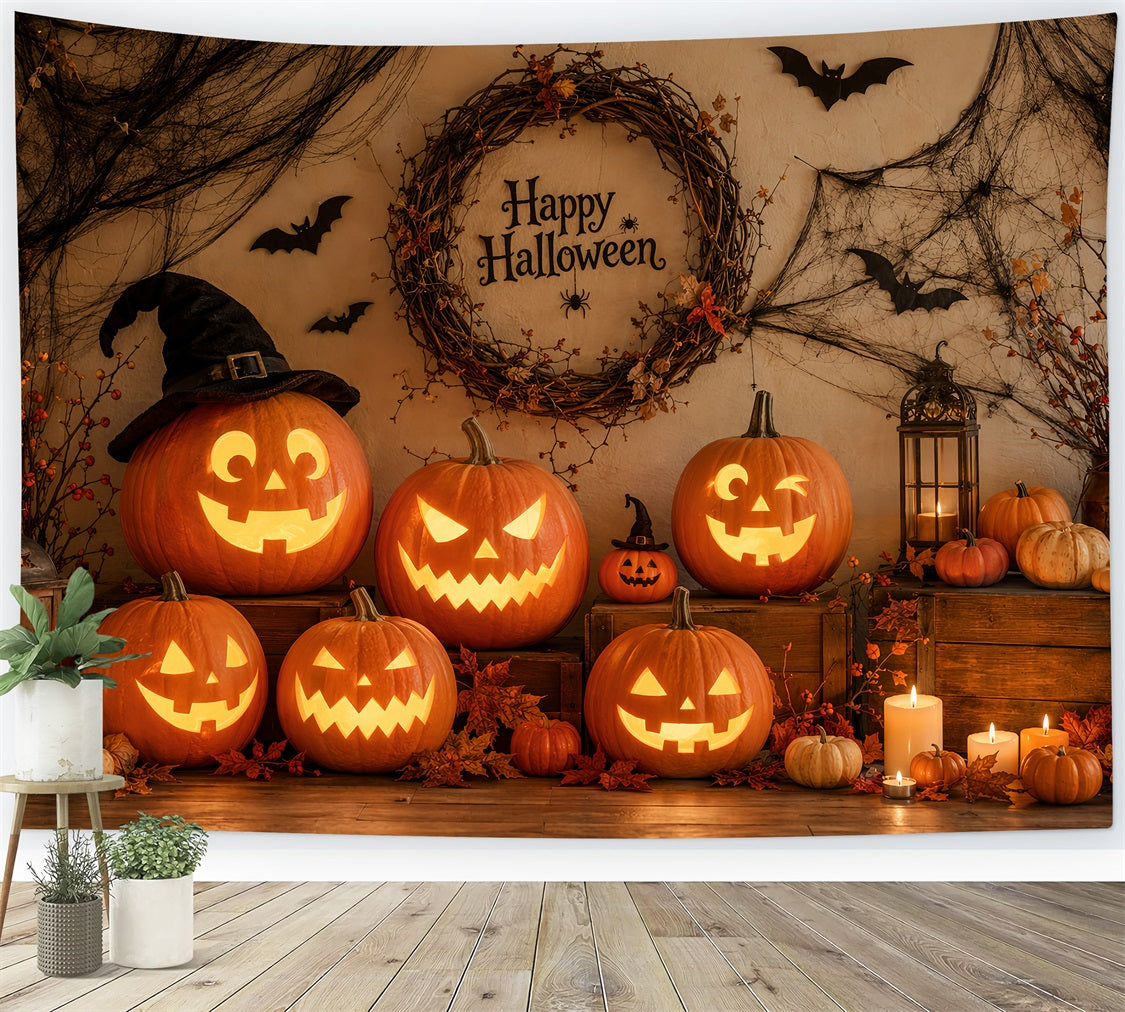 Fabric Halloween Backdrop Rustic Pumpkin Wreath Arrangement Halloween Backdrop For Pictures LXX67-31