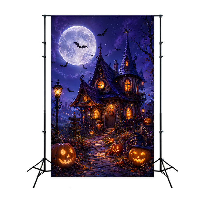 DIY Halloween Backdrop Ideas Moonlit Witch Cottage Pumpkins Scary Backdrops For Halloween LXX67-33