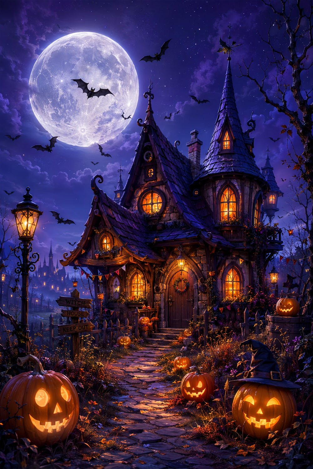 DIY Halloween Backdrop Ideas Moonlit Witch Cottage Pumpkins Scary Backdrops For Halloween LXX67-33