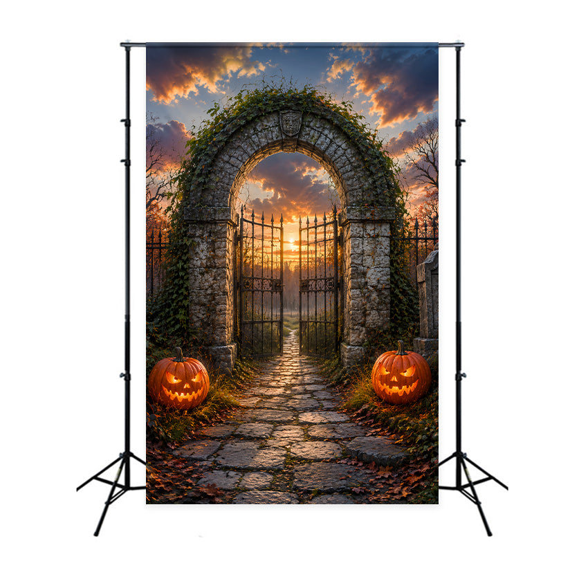 Halloween Arch Backdrop Sunset Cemetery Arch Pumpkins Large Halloween Backdrops LXX67-35