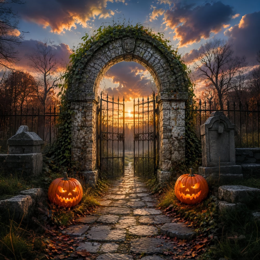 Halloween Arch Backdrop Sunset Cemetery Arch Pumpkins Large Halloween Backdrops LXX67-35