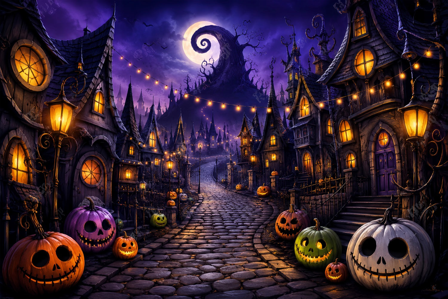 Photography Backdrops Halloween Purple Pumpkin Village Street Halloween Town Backdrop LXX67-40