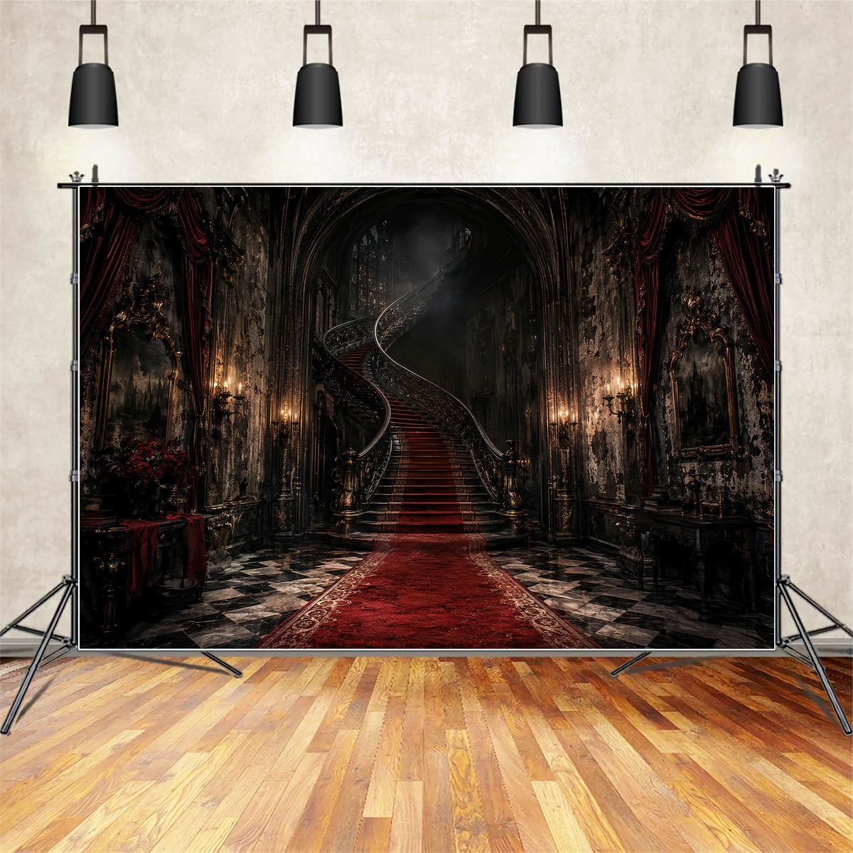 Halloween Party Backdrop Ideas Gothic Mansion Spiral Staircase Halloween Scary Backdrops LXX67-41